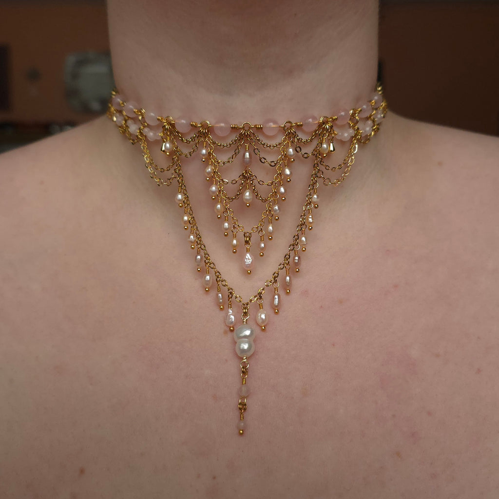 BETWEEN RIBS | Gold & Rose Quartz Renaissance Inspired Statement Choker