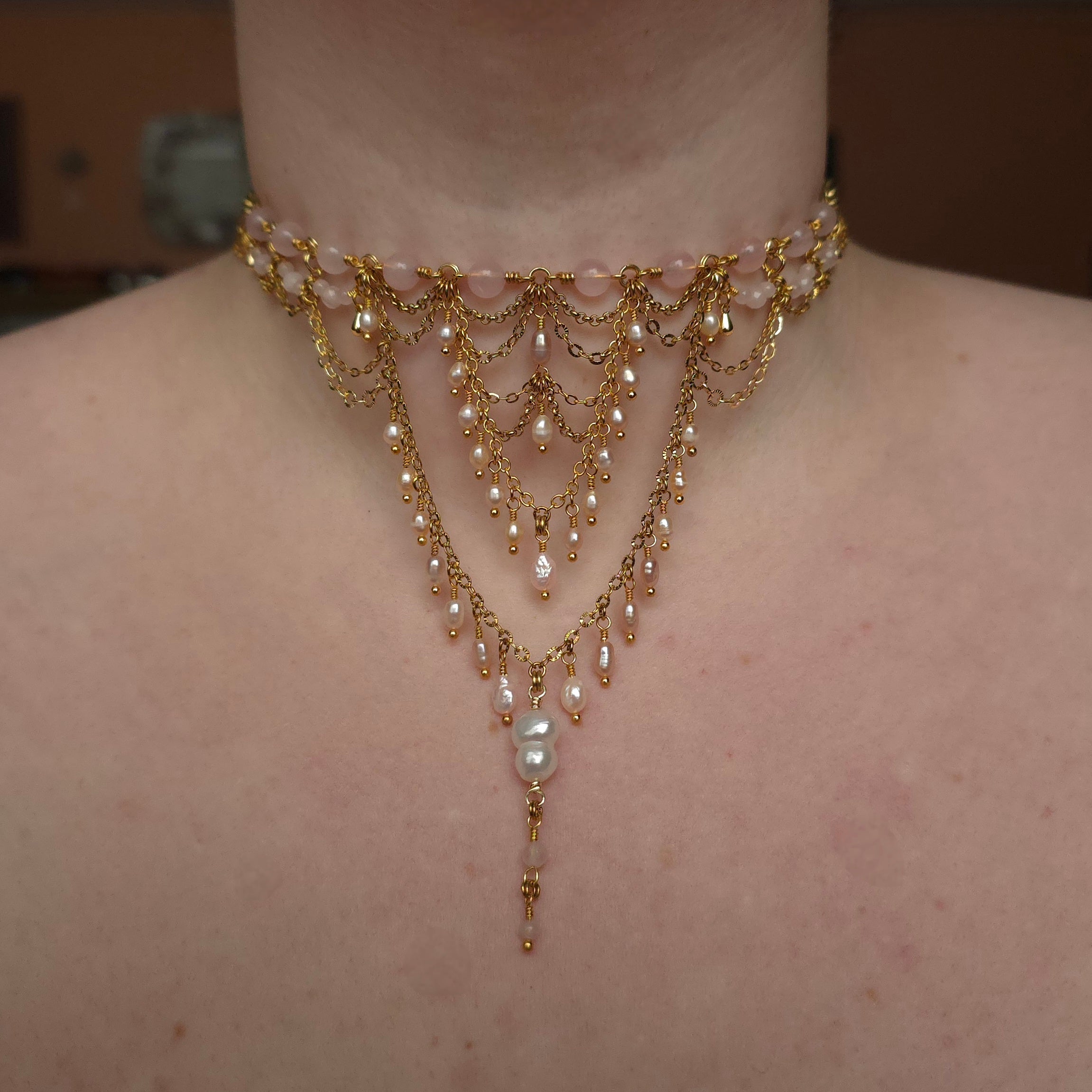 BETWEEN RIBS | Gold & Rose Quartz Renaissance Inspired Statement Choker