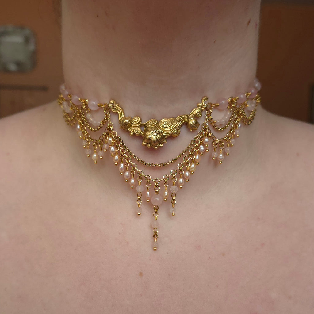 ADORED | Gold & Rose Quartz Renaissance Inspired Statement Choker