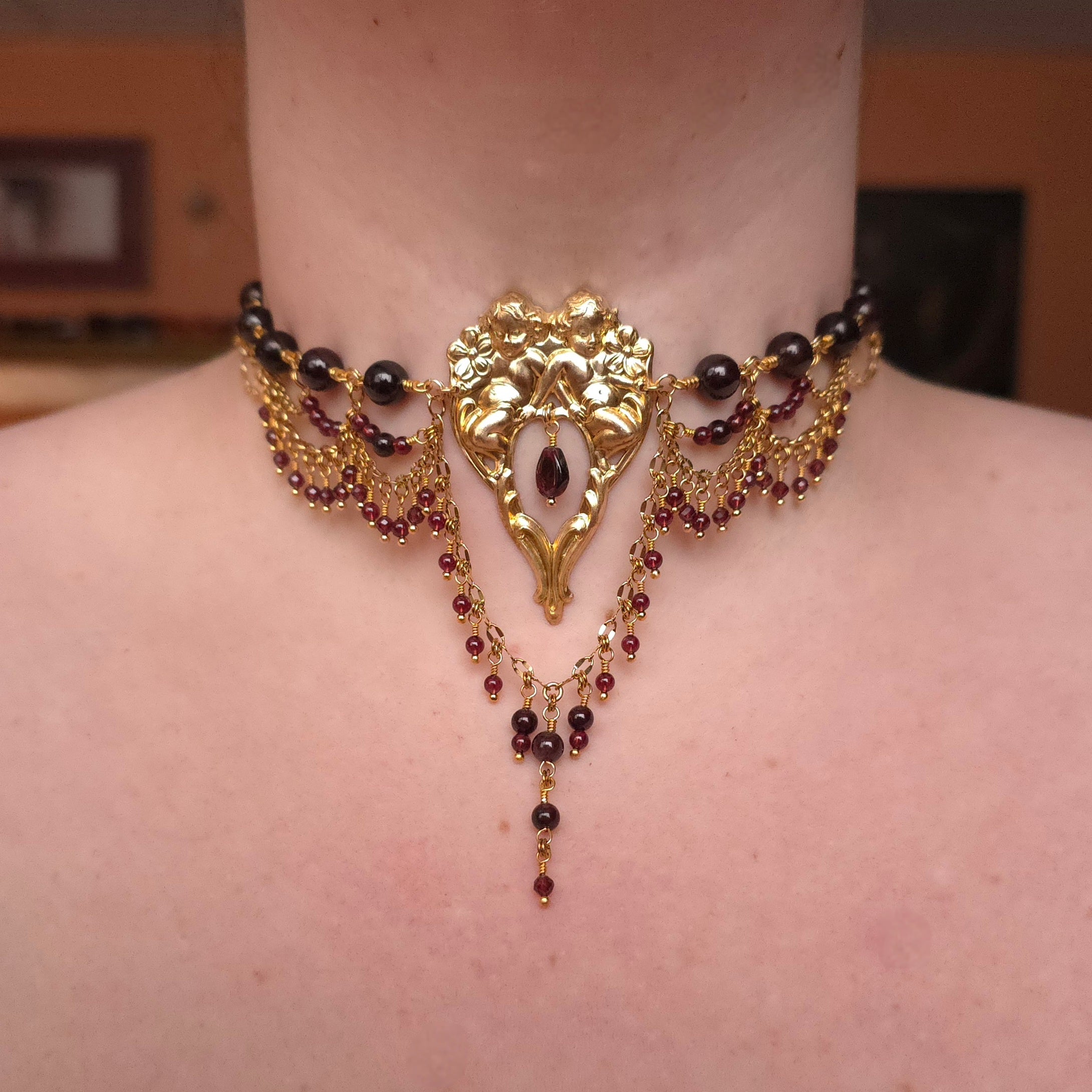 STARCROSSED LOVERS | Gold & Garnet Cherub Statement Choker