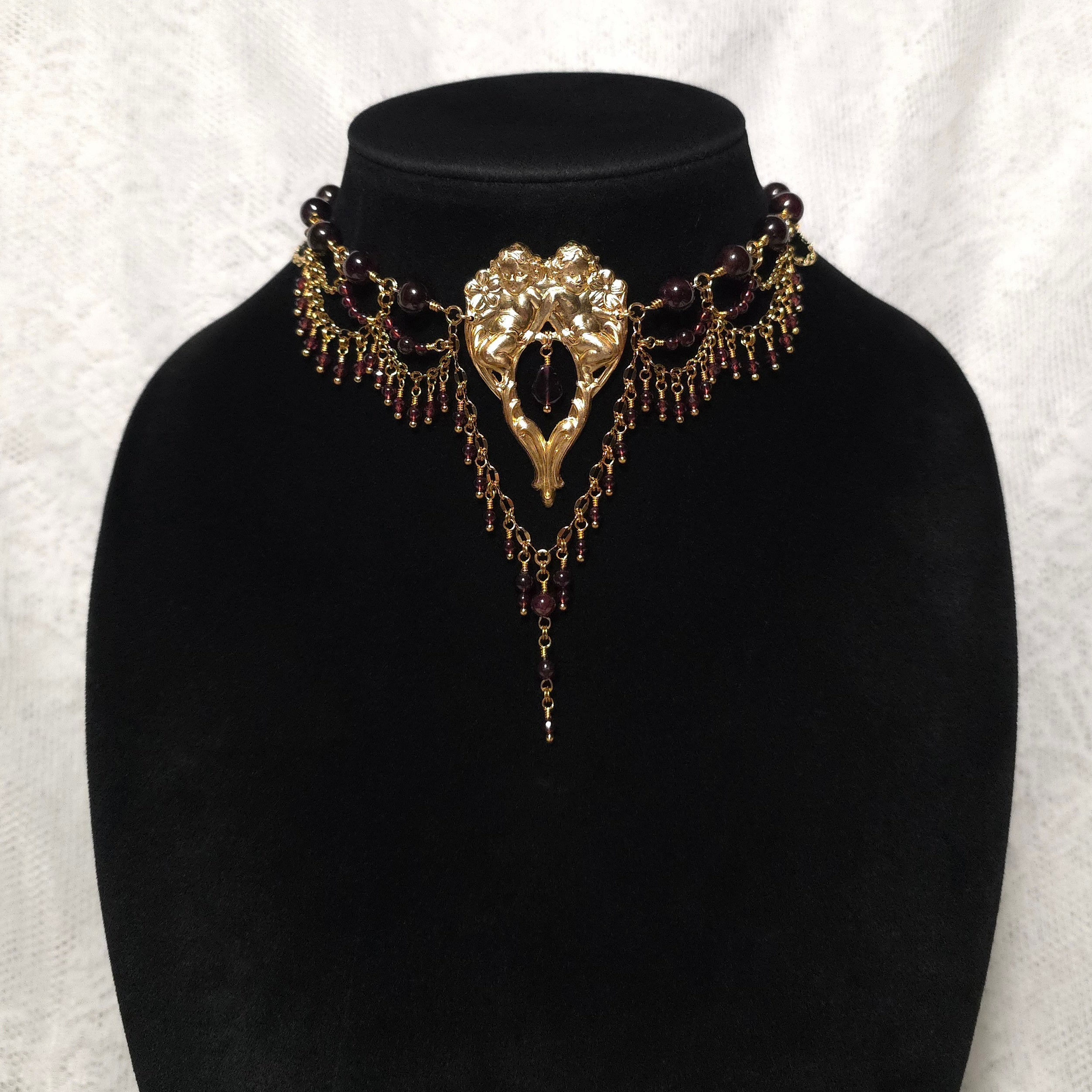 STARCROSSED LOVERS | Gold & Garnet Cherub Statement Choker