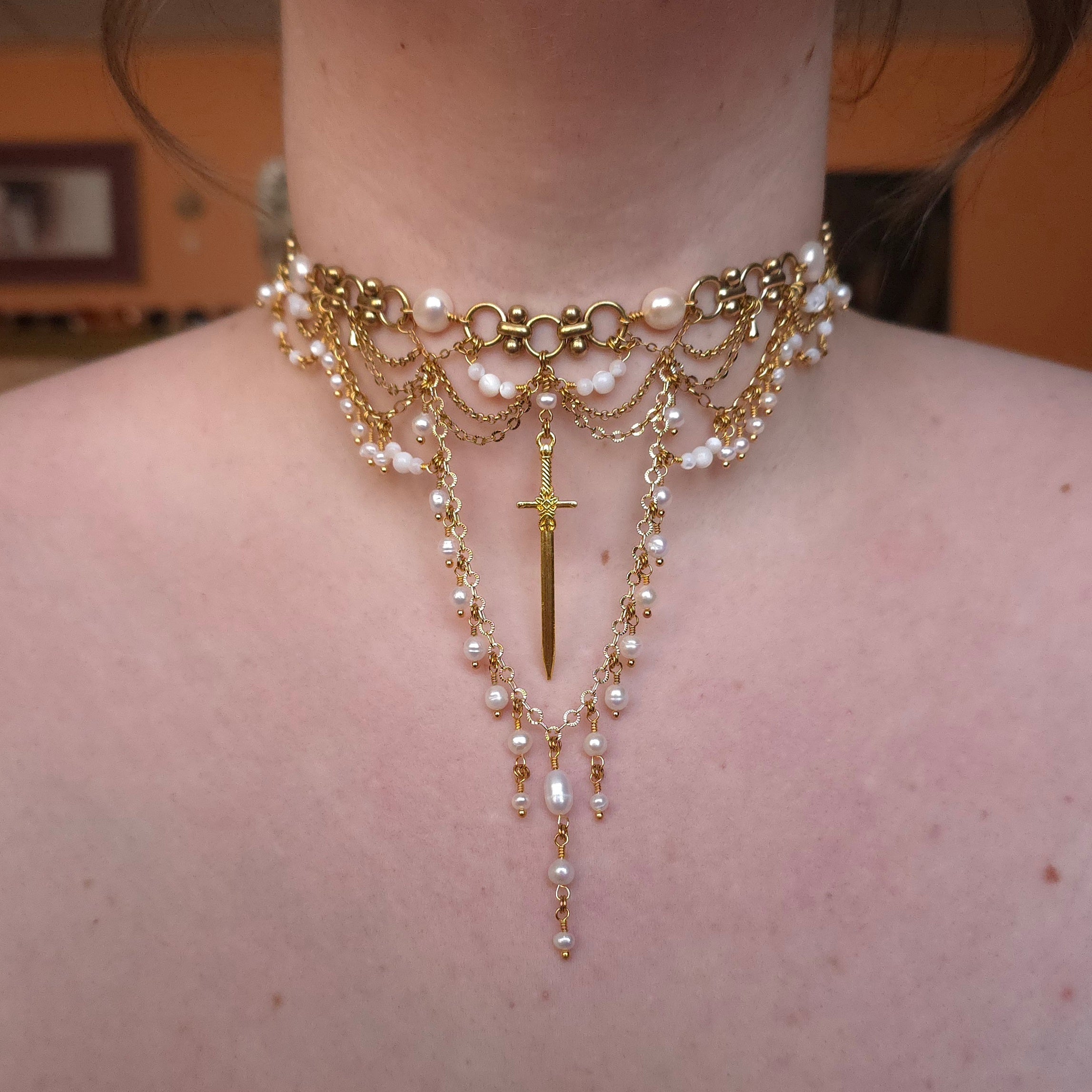 RESOLVE | Gold & Pearl Medieval Sword Statement Choker