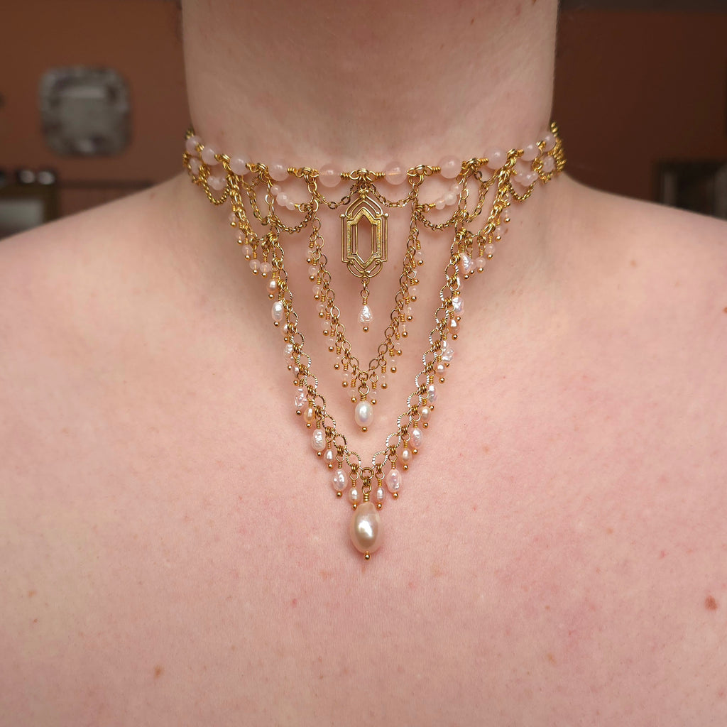 FIRST LIGHT | Gold & Rose Quartz Renaissance Inspired Statement Choker