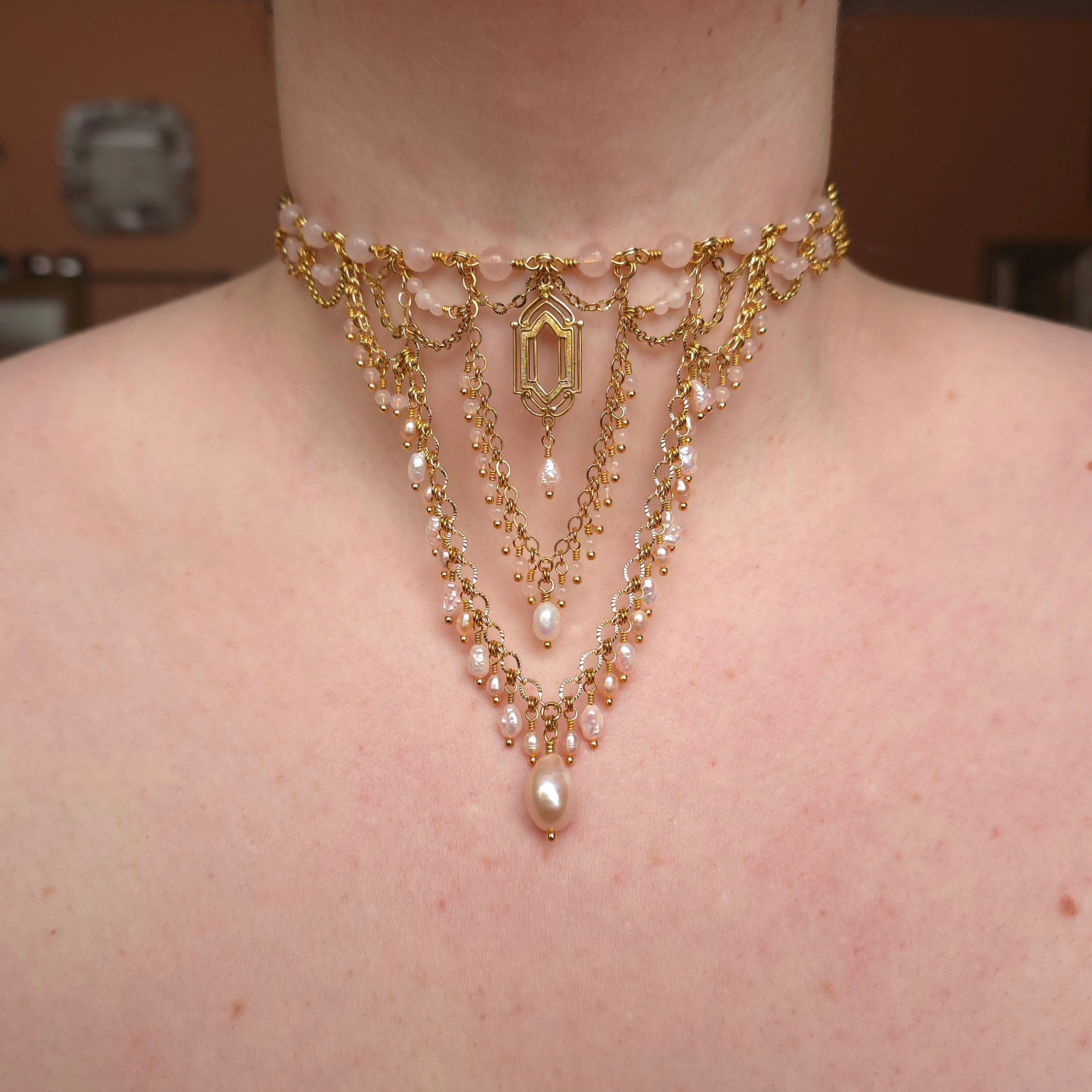 FIRST LIGHT | Gold & Rose Quartz Renaissance Inspired Statement Choker