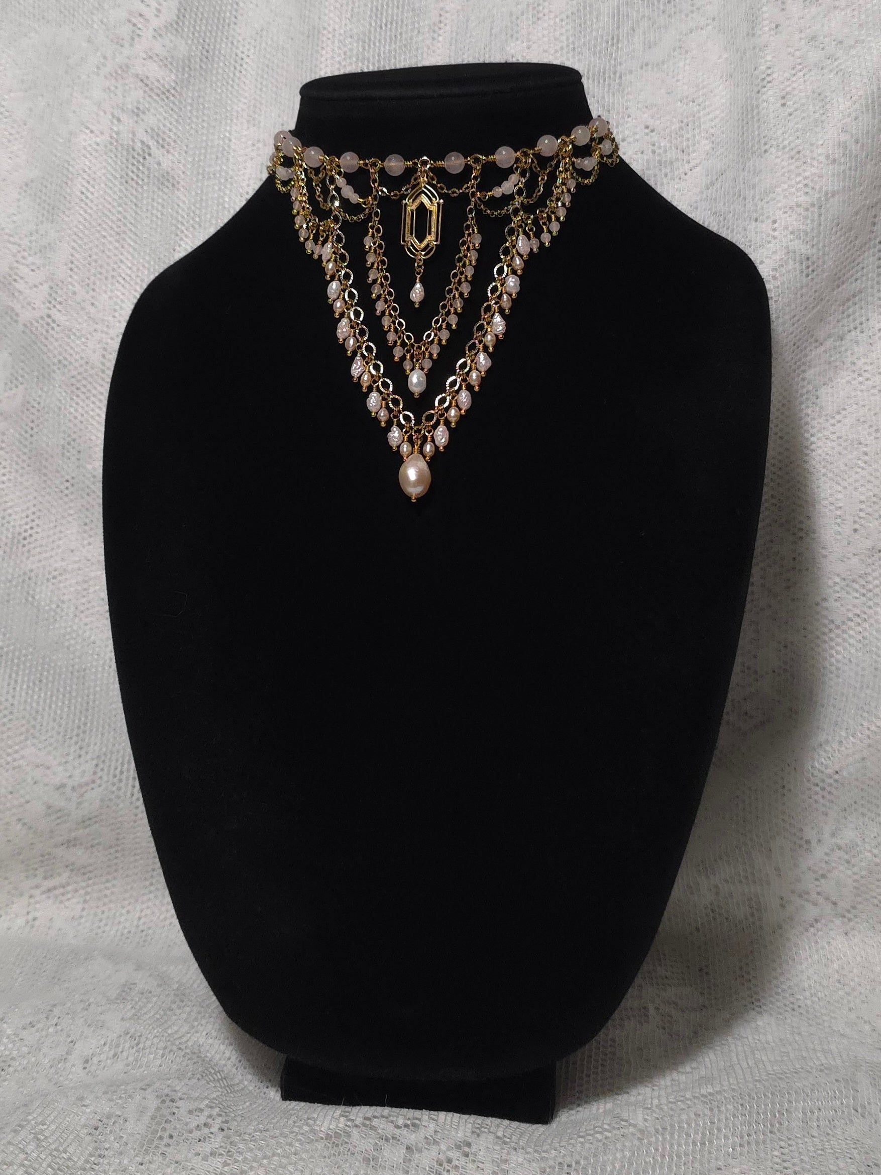 FIRST LIGHT | Gold & Rose Quartz Renaissance Inspired Statement Choker