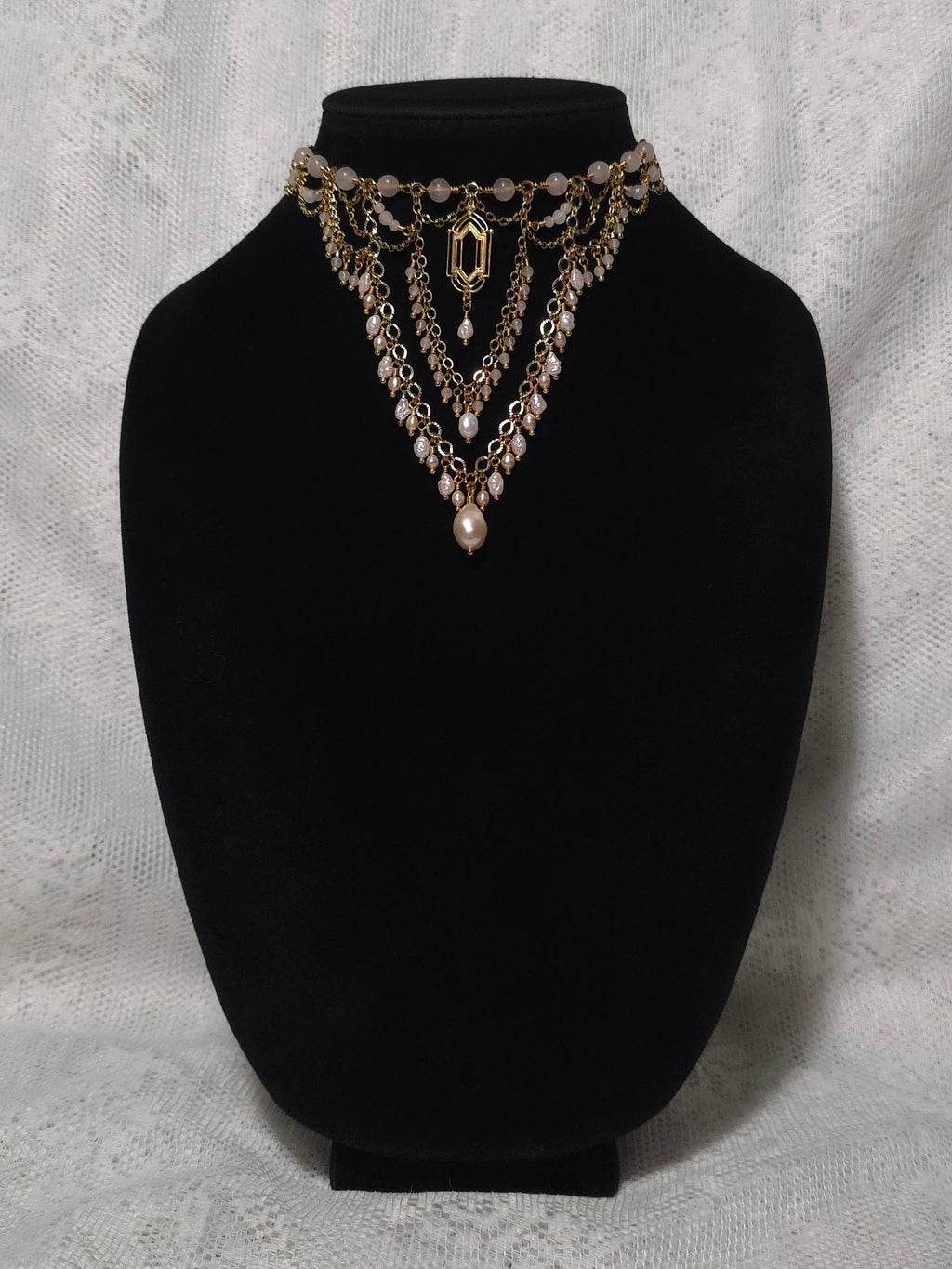 FIRST LIGHT | Gold & Rose Quartz Renaissance Inspired Statement Choker