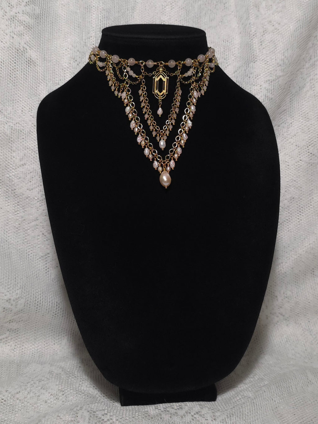 FIRST LIGHT | Gold & Rose Quartz Renaissance Inspired Statement Choker