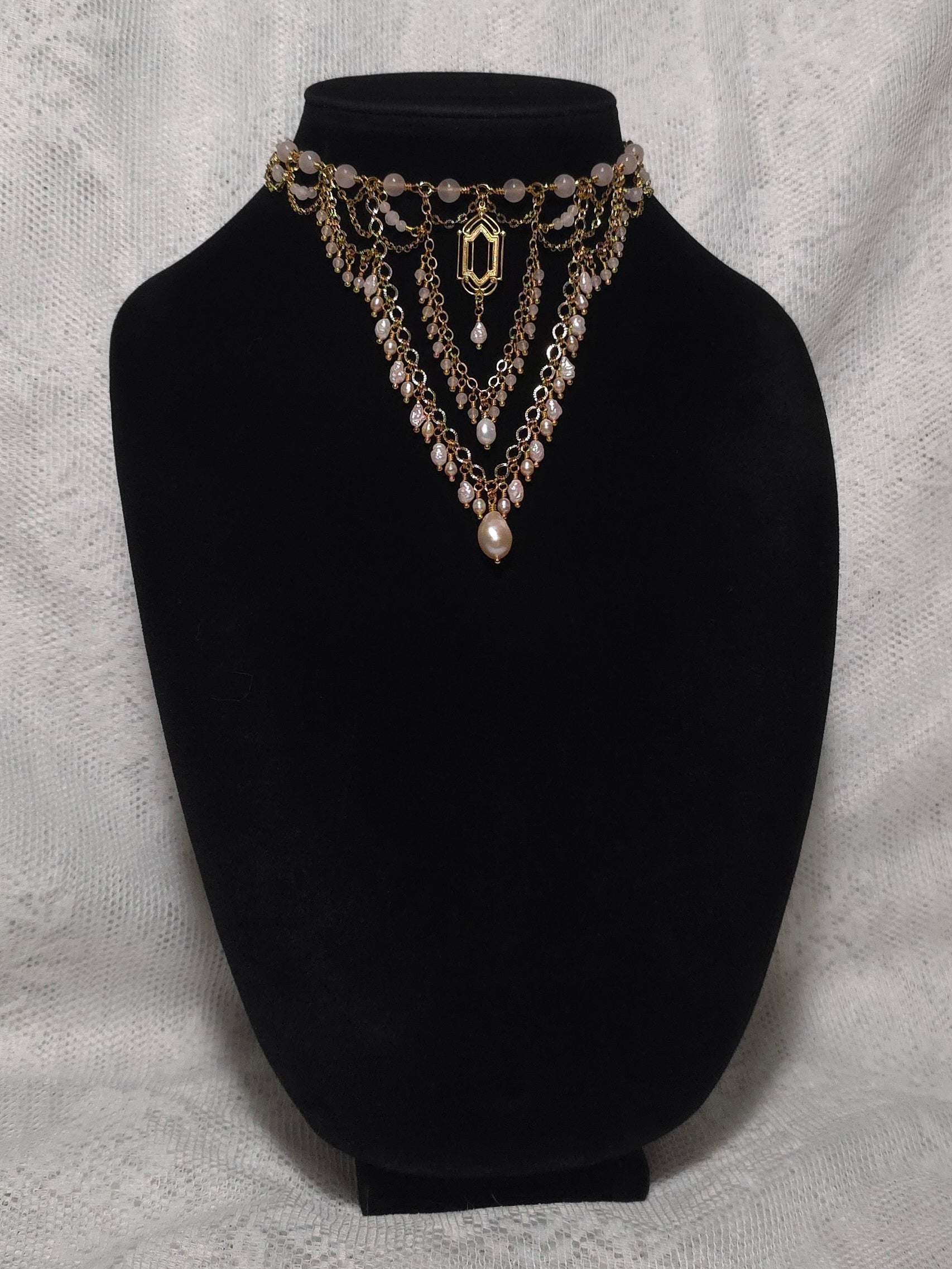 FIRST LIGHT | Gold & Rose Quartz Renaissance Inspired Statement Choker