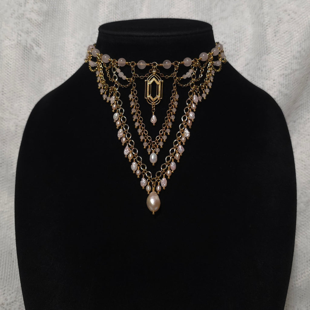 FIRST LIGHT | Gold & Rose Quartz Renaissance Inspired Statement Choker