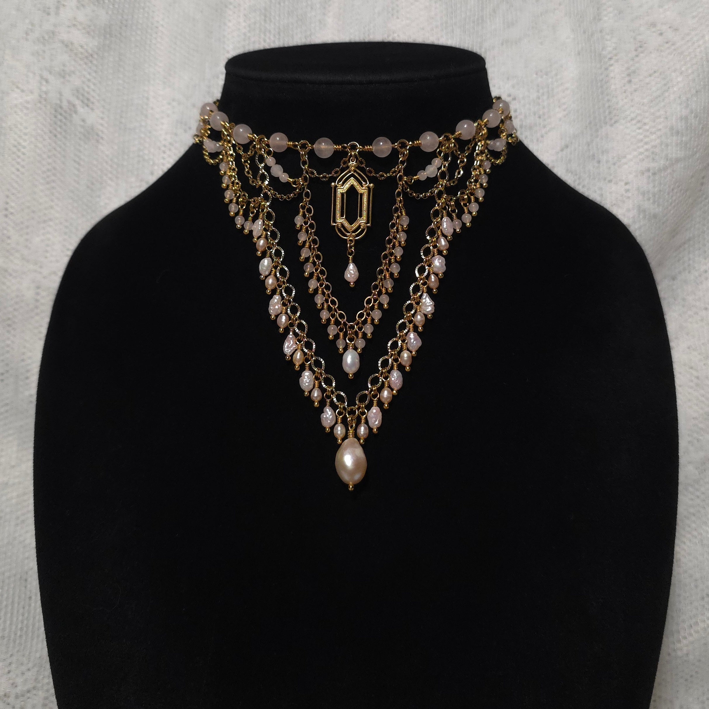 FIRST LIGHT | Gold & Rose Quartz Renaissance Inspired Statement Choker