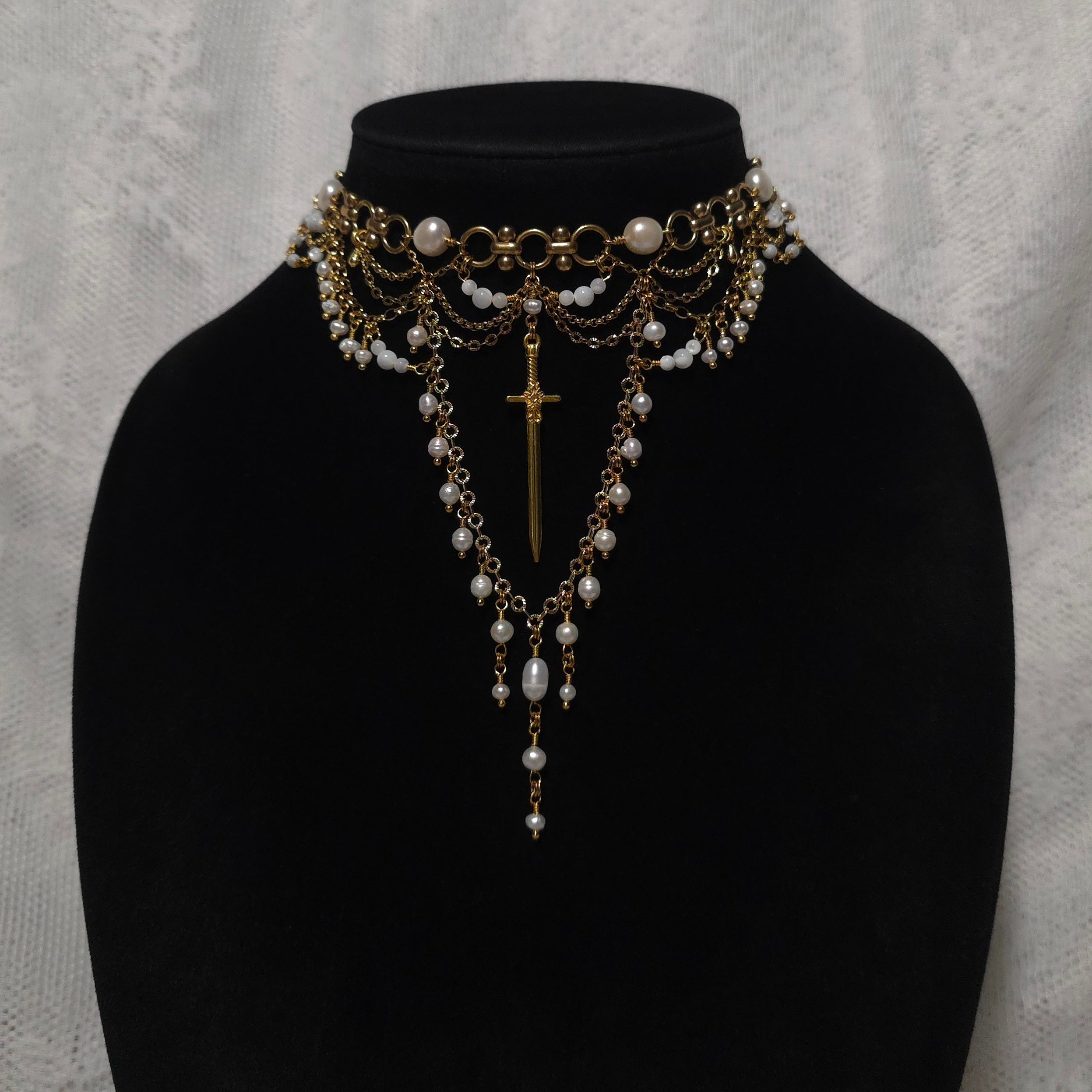 RESOLVE | Gold & Pearl Medieval Sword Statement Choker