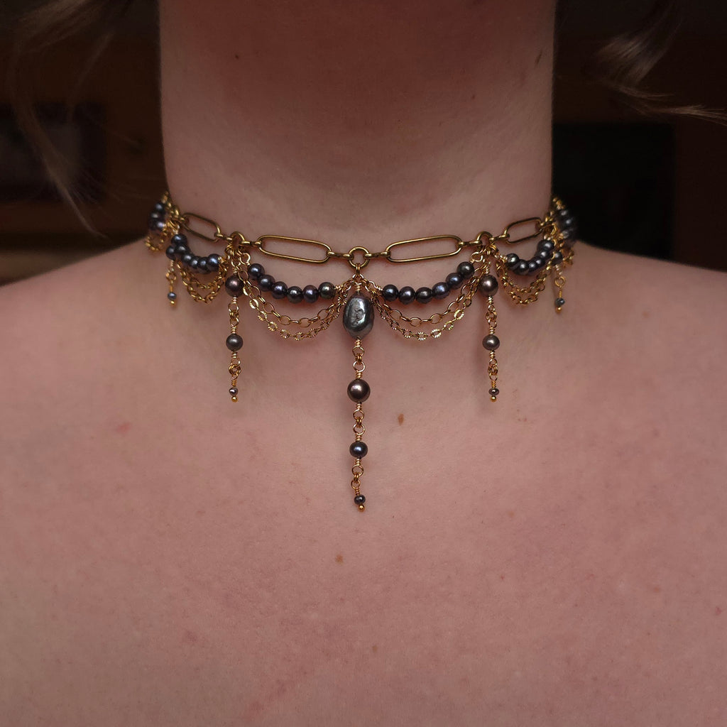 PORTENT | Gold & Black Pearl Renaissance Inspired Statement Choker