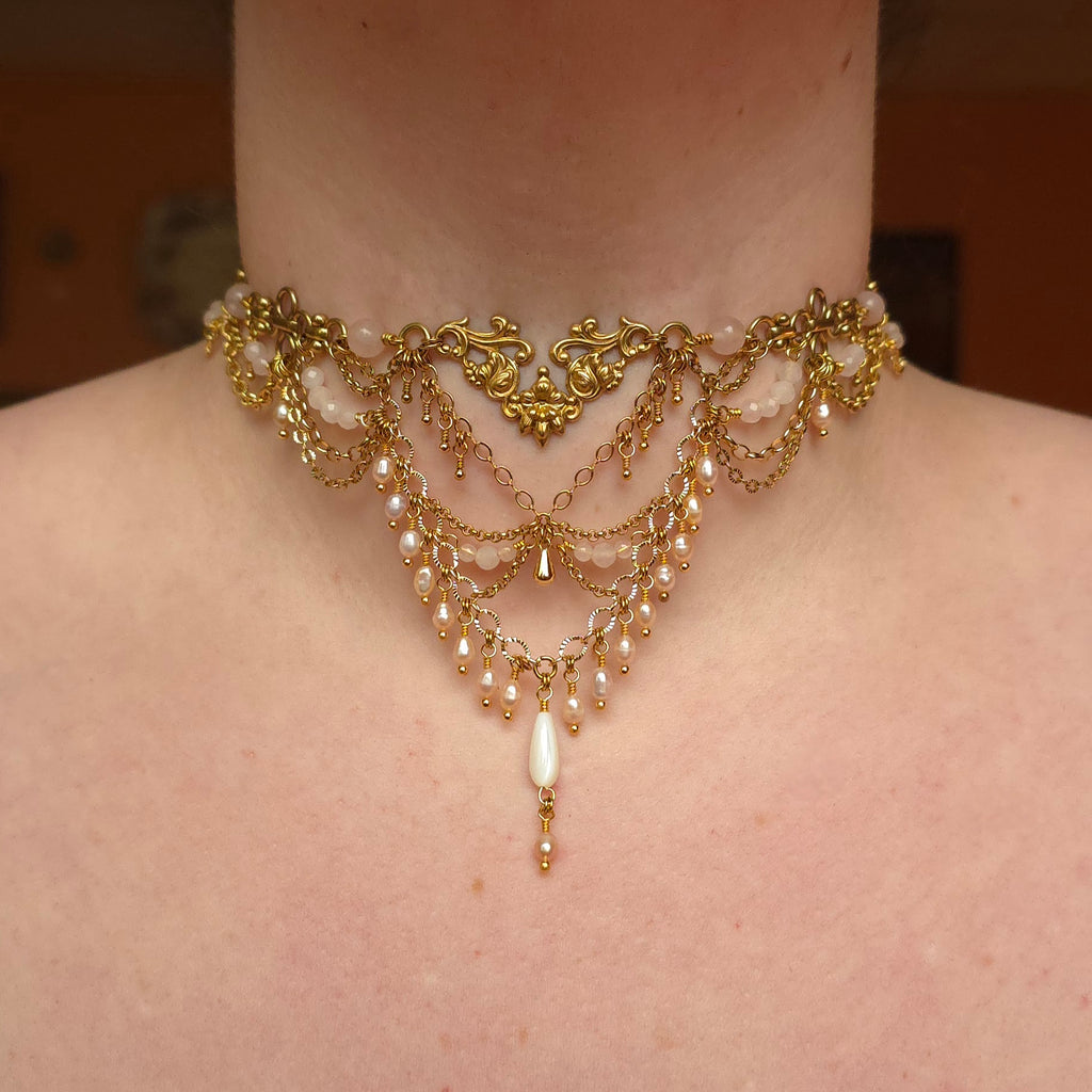 DAWN | Gold & Rose Quartz Louvre Inspired Statement Choker