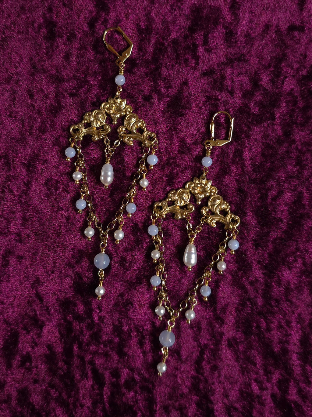WELKIN | Gold, Pearl, & Blue Agate Renaissance Inspired Earrings