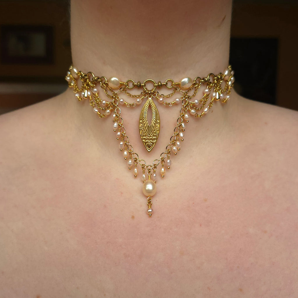 BLUSHING | Gold & Pink Pearl Renaissance Inspired Statement Choker
