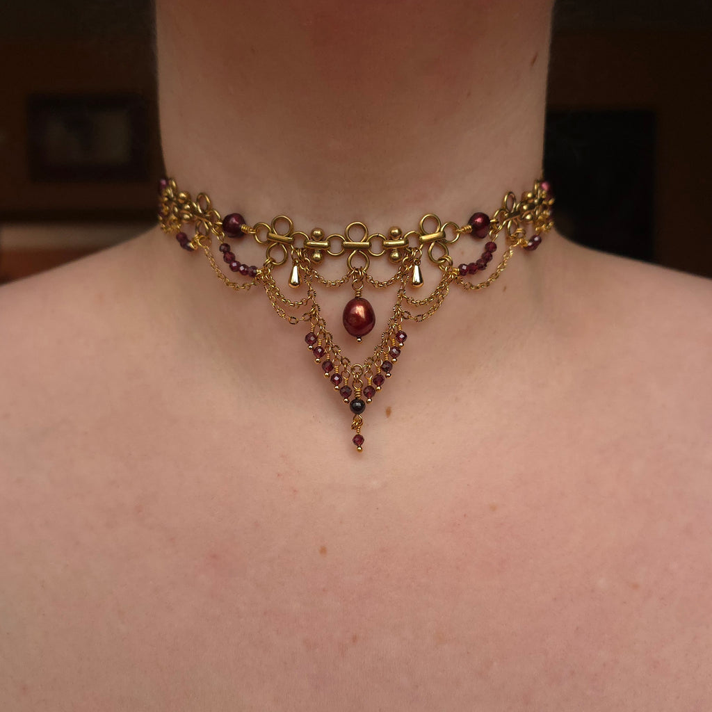 BEWITCHED | Gold, Red Pearl, & Garnet Renaissance Inspired Statement Choker