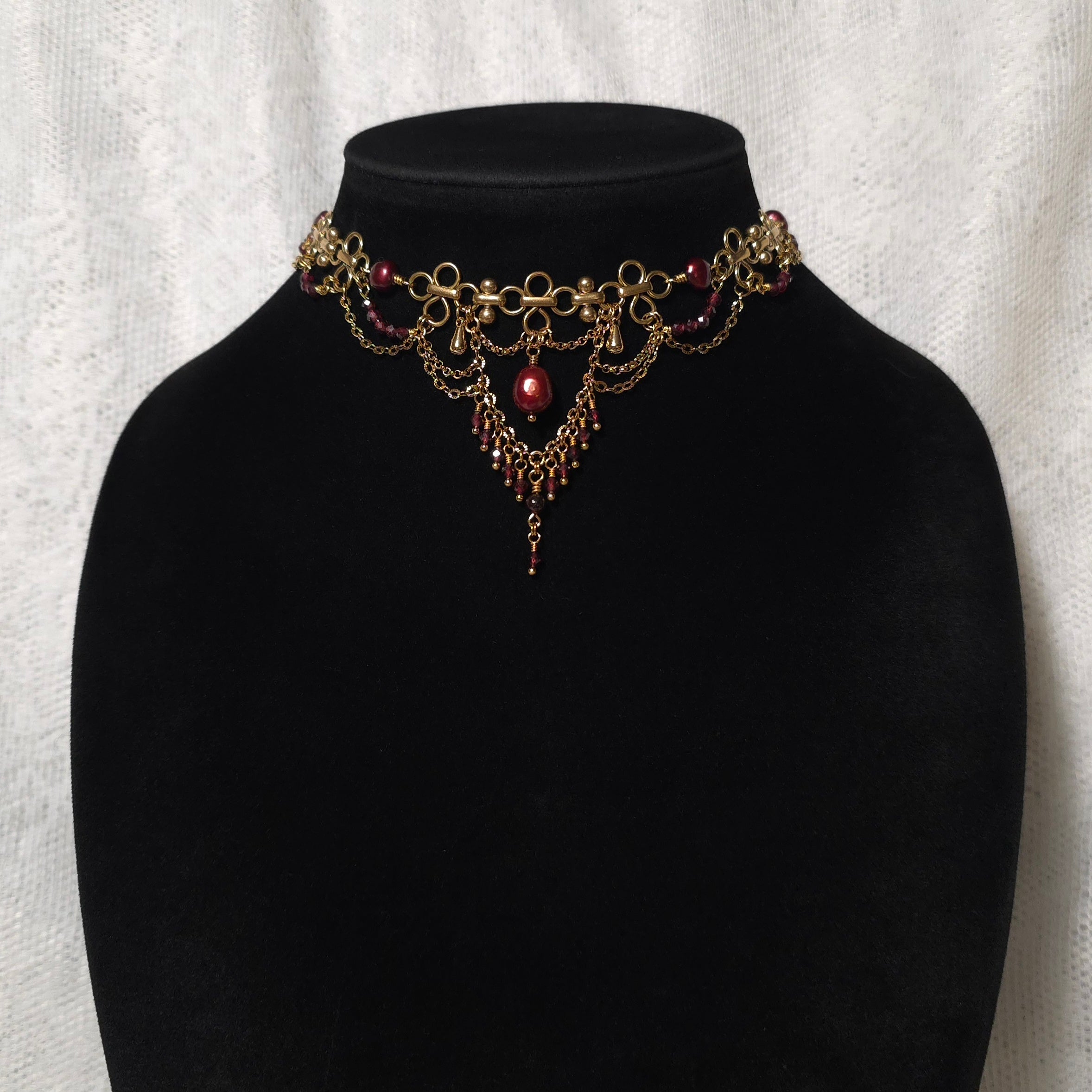 BEWITCHED | Gold, Red Pearl, & Garnet Renaissance Inspired Statement Choker