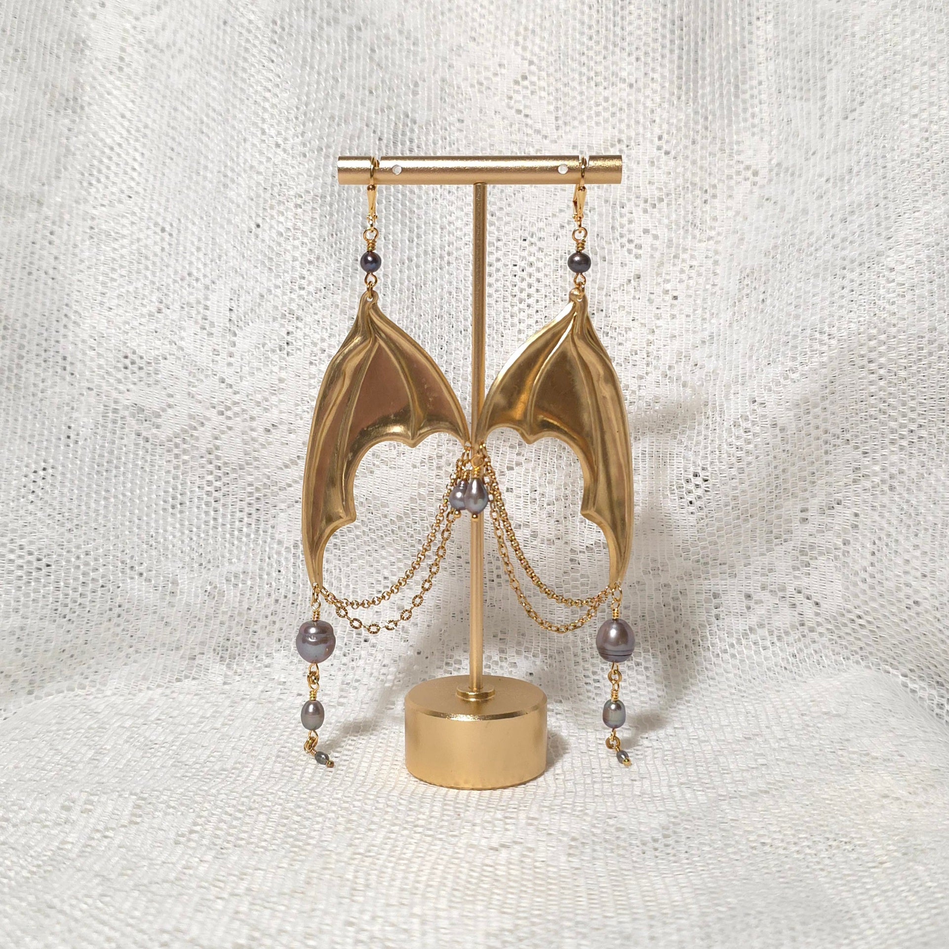 VANES | Gold & Black Pearl Bat Wing Earrings