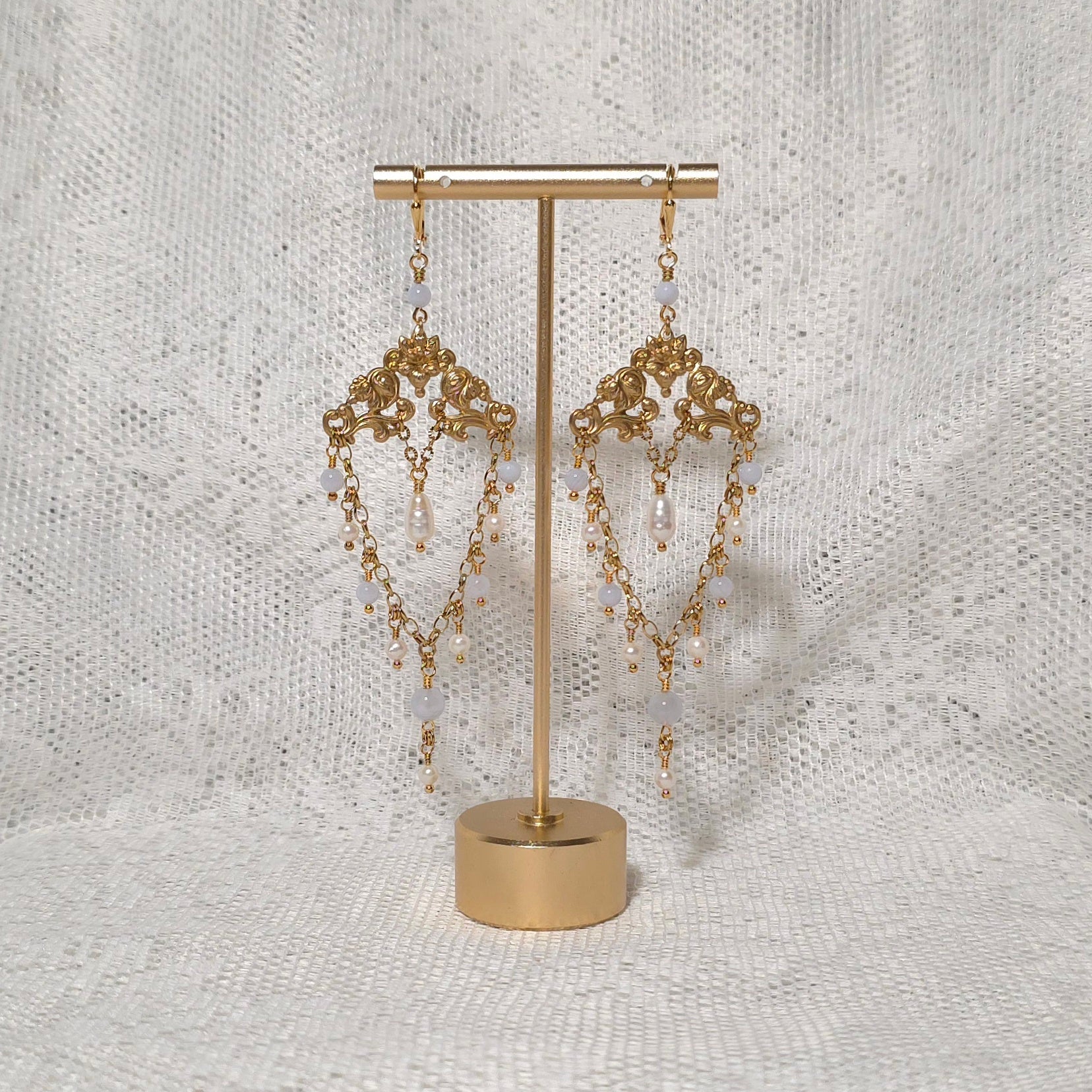 WELKIN | Gold, Pearl, & Blue Agate Renaissance Inspired Earrings