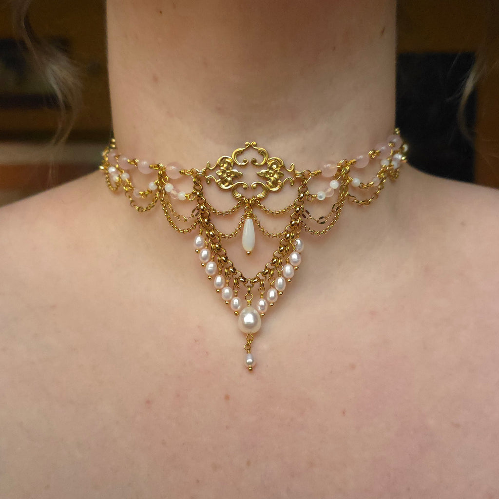 RELINQUISH | Gold, Rose Quartz & Pearl Renaissance Inspired Choker