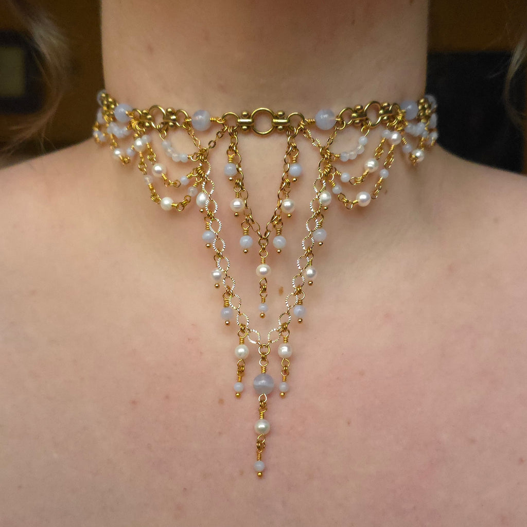 SUFFUSE | Gold, Blue Lace Agate & Pearl Renaissance Inspired Choker