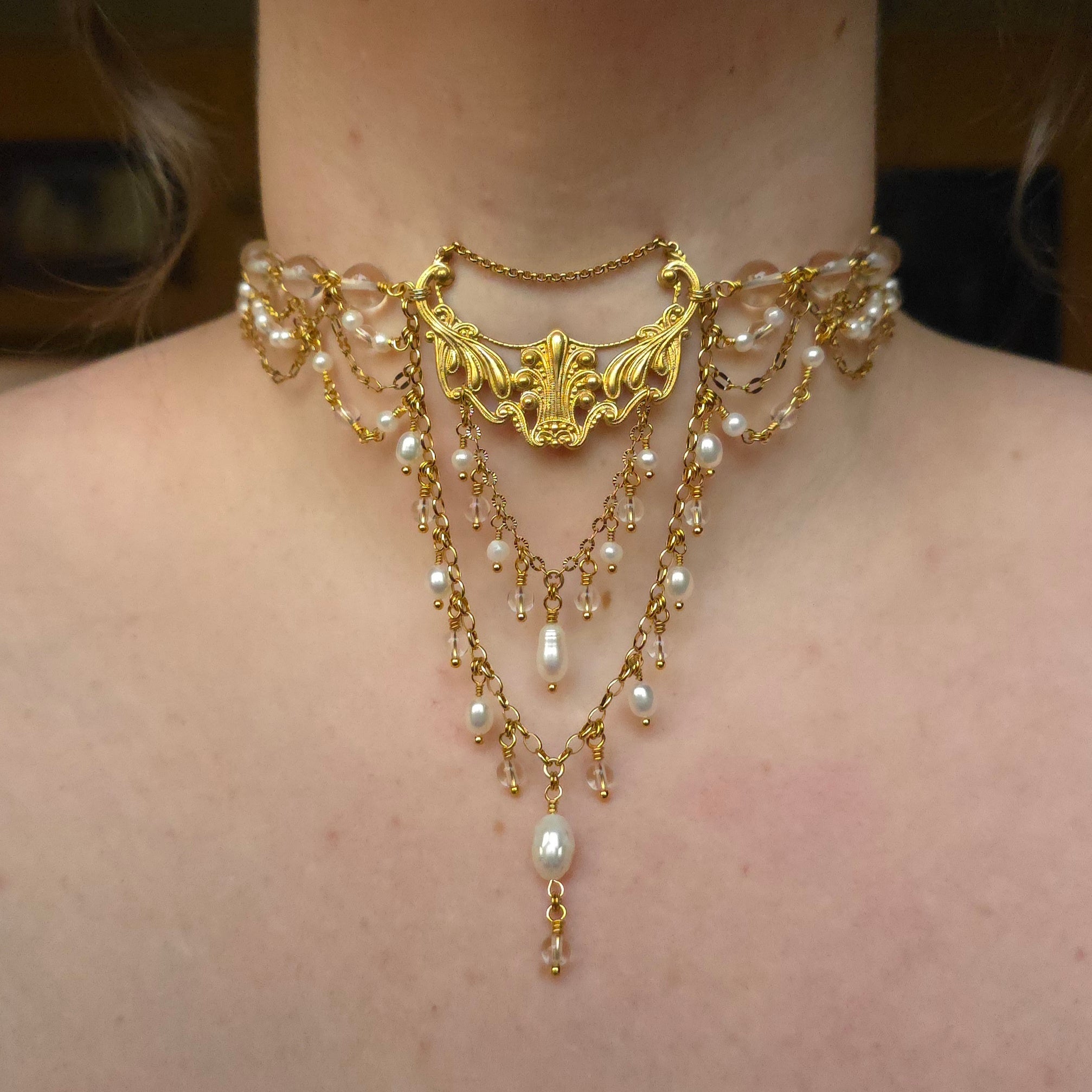 MOONLIT EFFULGENCE | Gold, Clear Quartz & Pearl Renaissance Inspired Choker