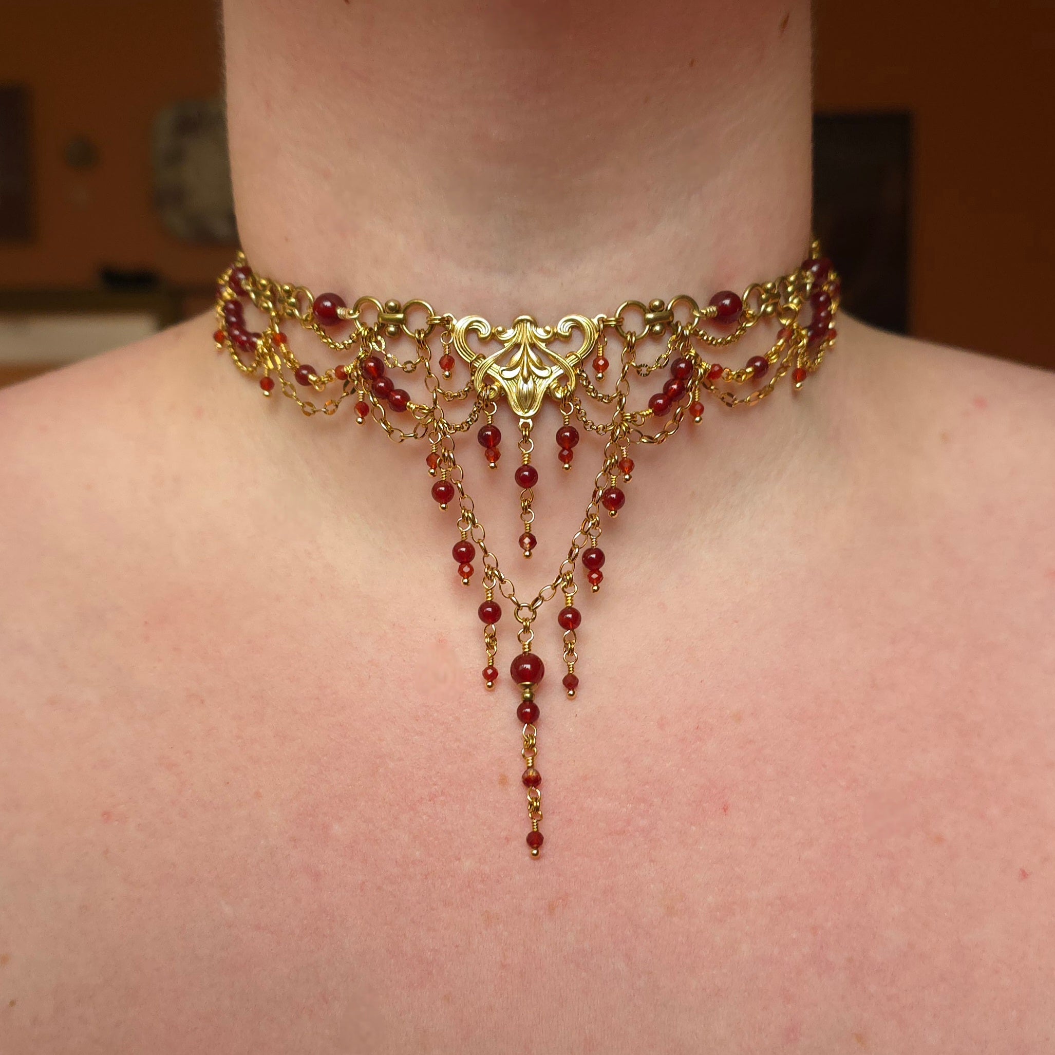 HEART'S DESIRE | Gold, Red Agate, & Carnelian Renaissance Inspired Brass Choker