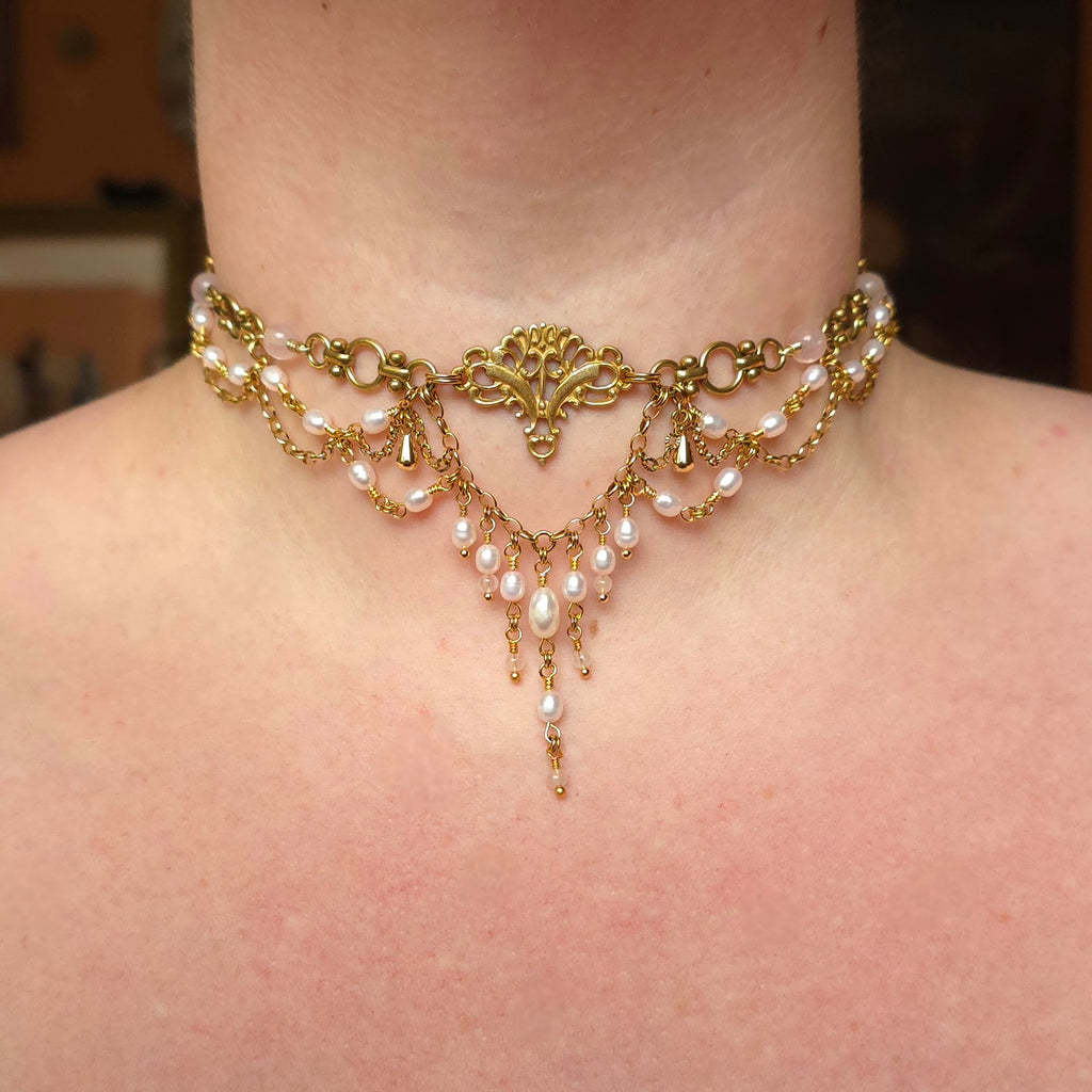 THE REUNION | Gold, Rose Quartz, & Light Pink Pearl Renaissance Inspired Brass Choker