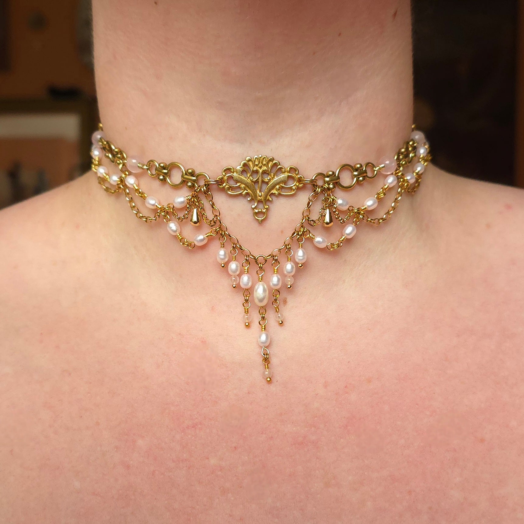 THE REUNION | Gold, Rose Quartz, & Light Pink Pearl Renaissance Inspired Brass Choker