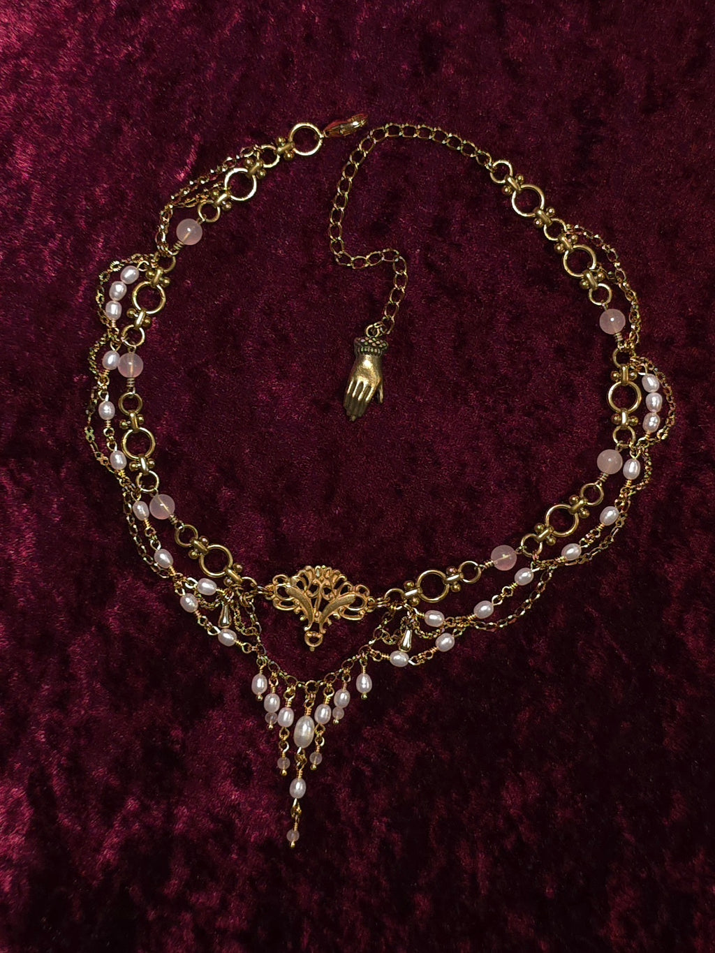 THE REUNION | Gold, Rose Quartz, & Light Pink Pearl Renaissance Inspired Brass Choker