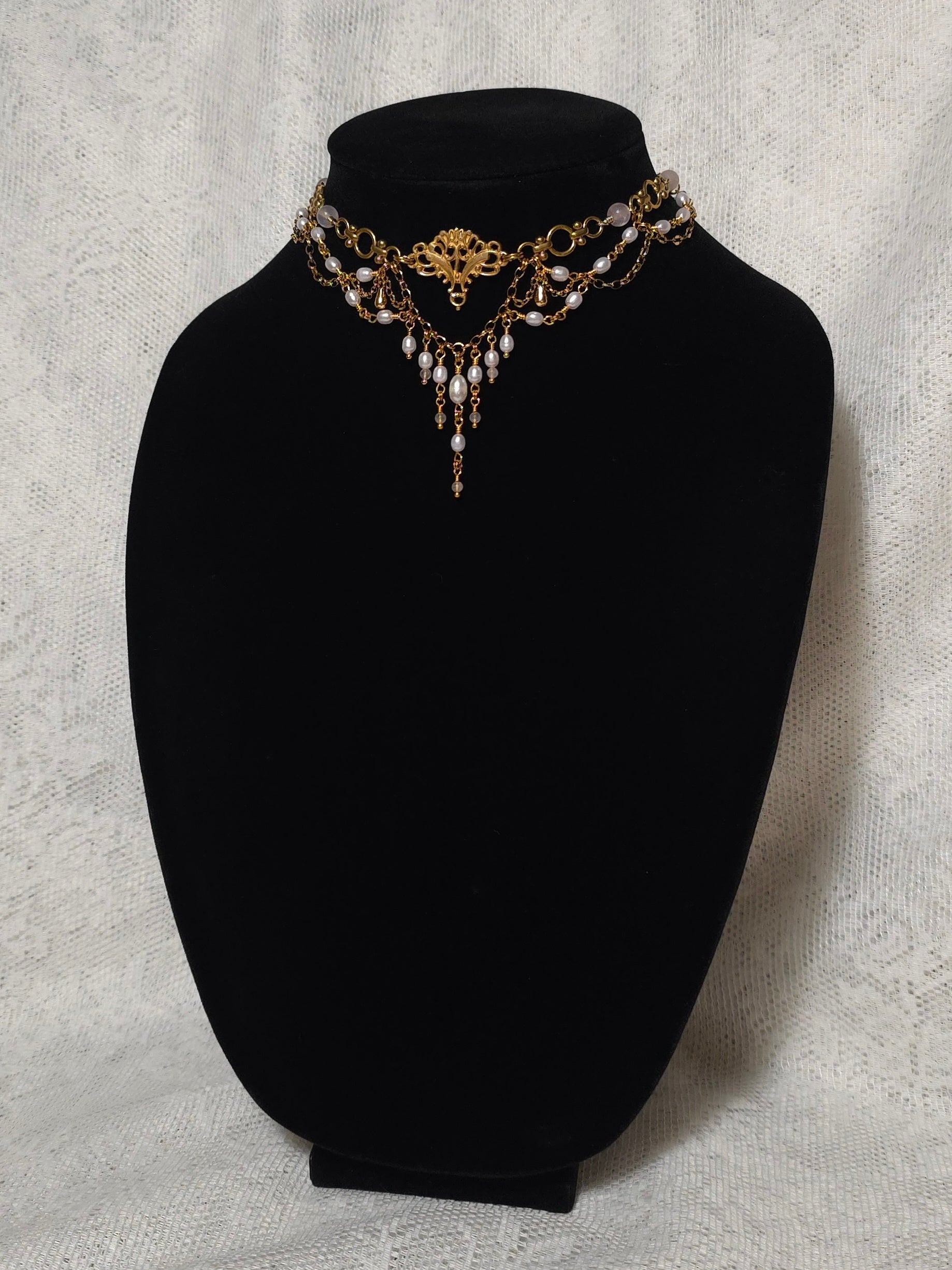 THE REUNION | Gold, Rose Quartz, & Light Pink Pearl Renaissance Inspired Brass Choker