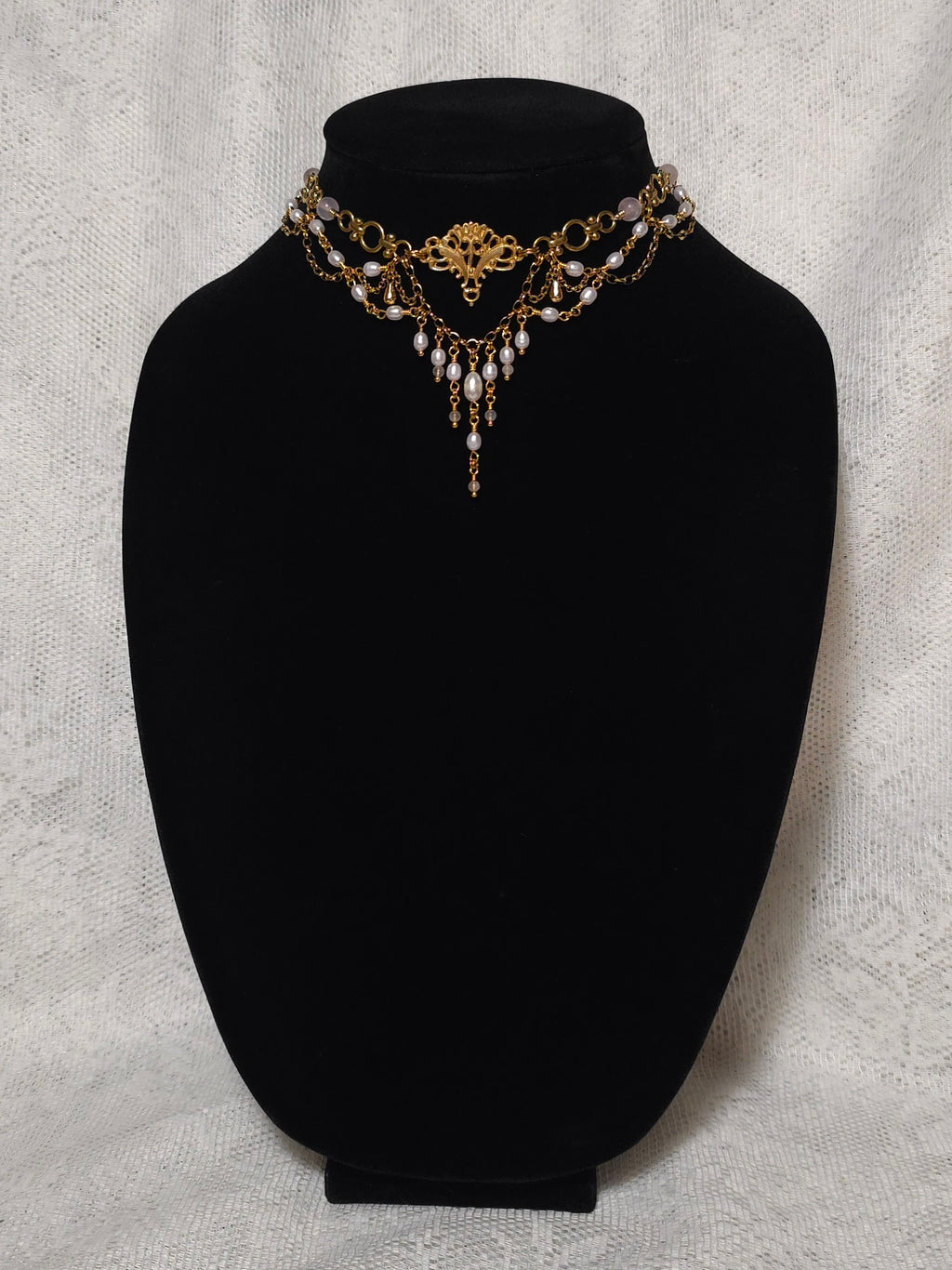 THE REUNION | Gold, Rose Quartz, & Light Pink Pearl Renaissance Inspired Brass Choker