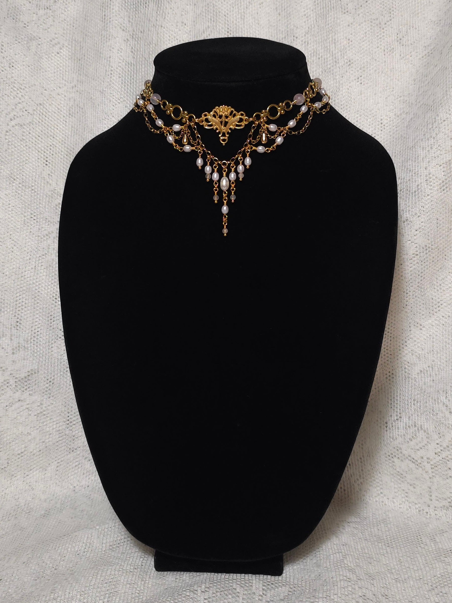 THE REUNION | Gold, Rose Quartz, & Light Pink Pearl Renaissance Inspired Brass Choker