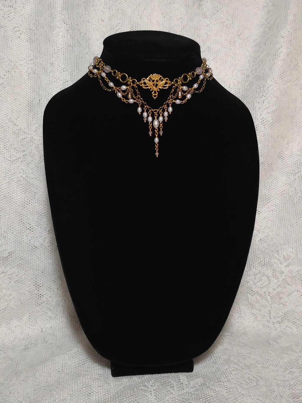 THE REUNION | Gold, Rose Quartz, & Light Pink Pearl Renaissance Inspired Brass Choker