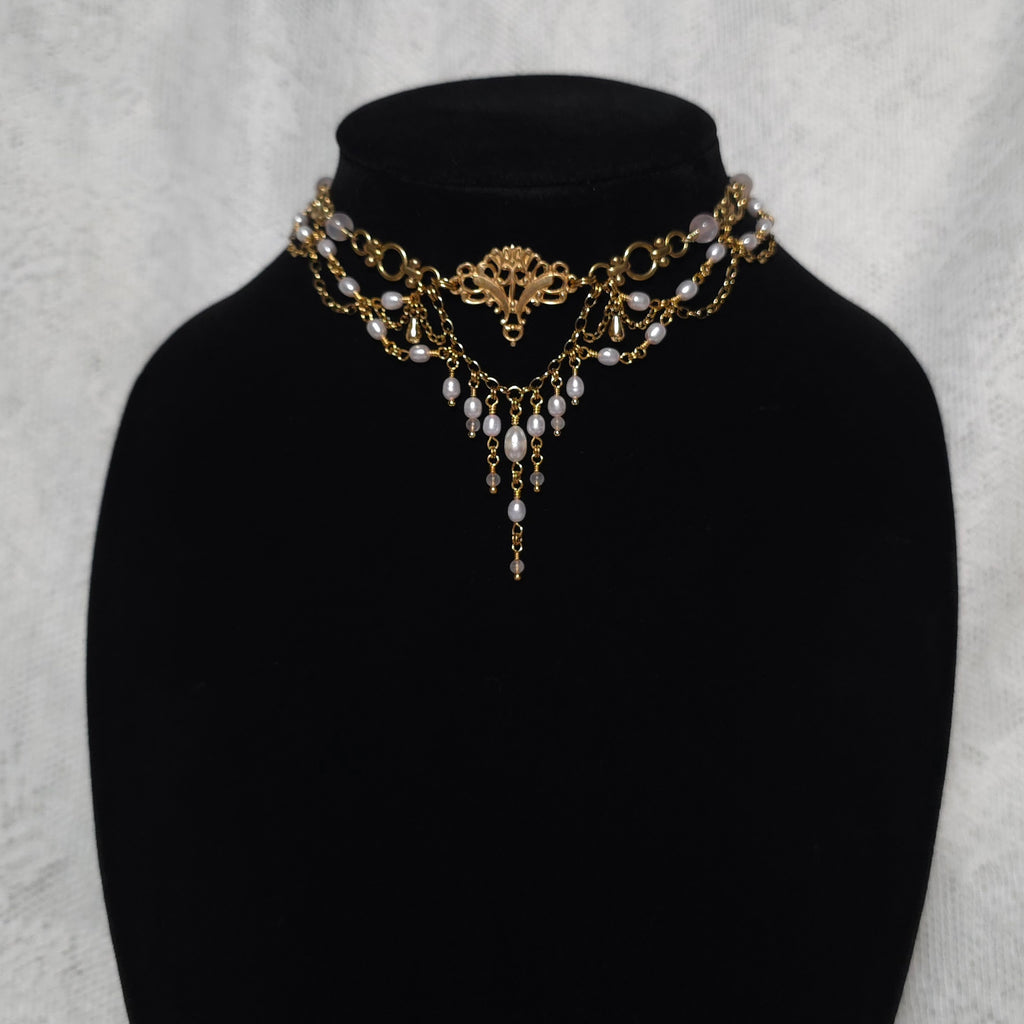THE REUNION | Gold, Rose Quartz, & Light Pink Pearl Renaissance Inspired Brass Choker