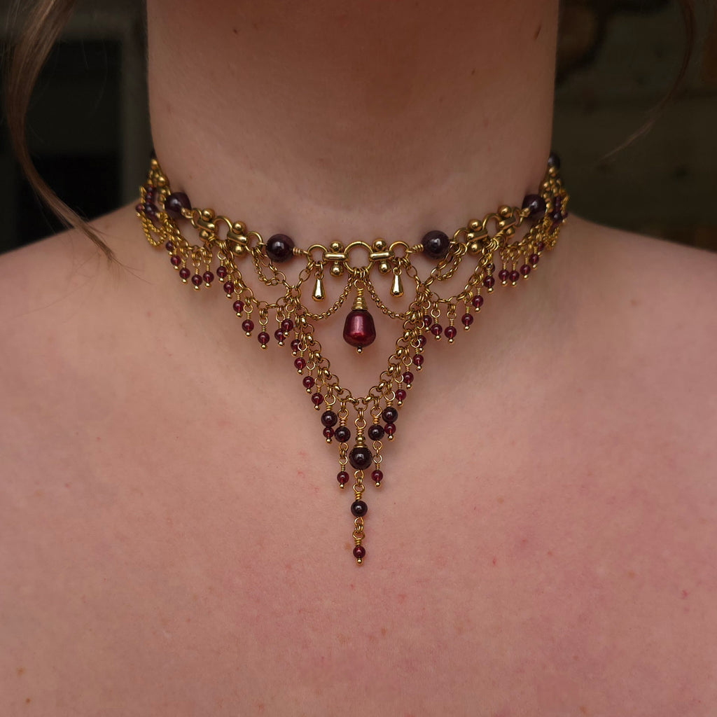 AMOUR | Garnet & Gold Renaissance Inspired Brass Choker