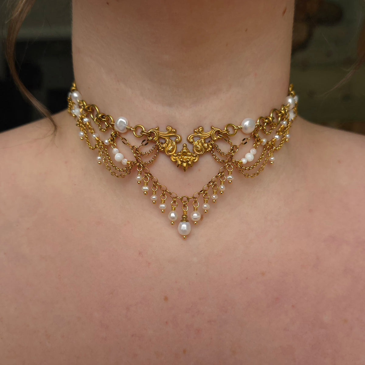 ON THE HORIZON | Pearl & Gold Renaissance Inspired Brass Choker