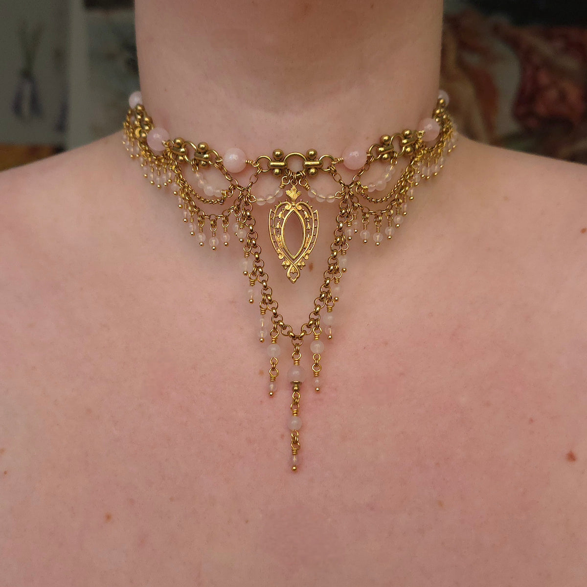 BLUSHED SKIES | Morganite, Rose Quartz, & Gold Renaissance Inspired Brass Choker