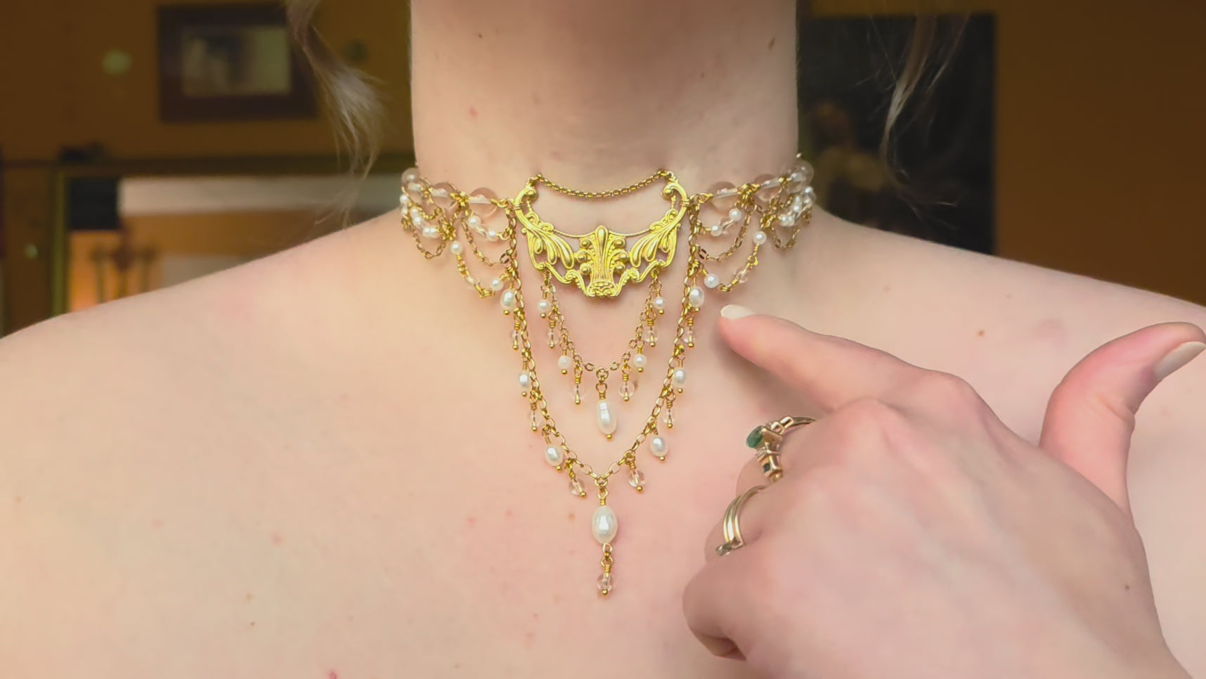 MOONLIT EFFULGENCE | Gold, Clear Quartz & Pearl Renaissance Inspired Choker