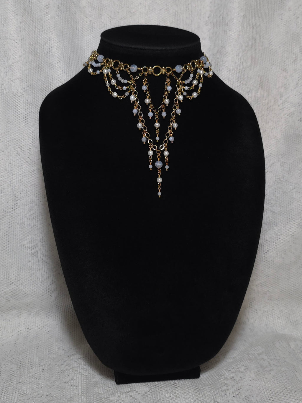 SUFFUSE | Gold, Blue Lace Agate & Pearl Renaissance Inspired Choker