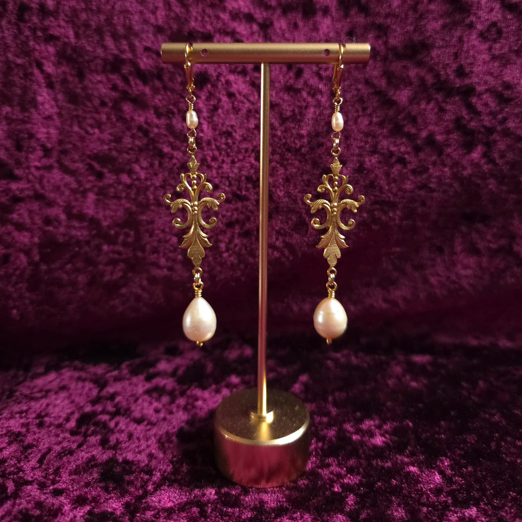EVE | Gold & Peach Pearl Renaissance Inspired Earrings with Stainless Steel Lever Back