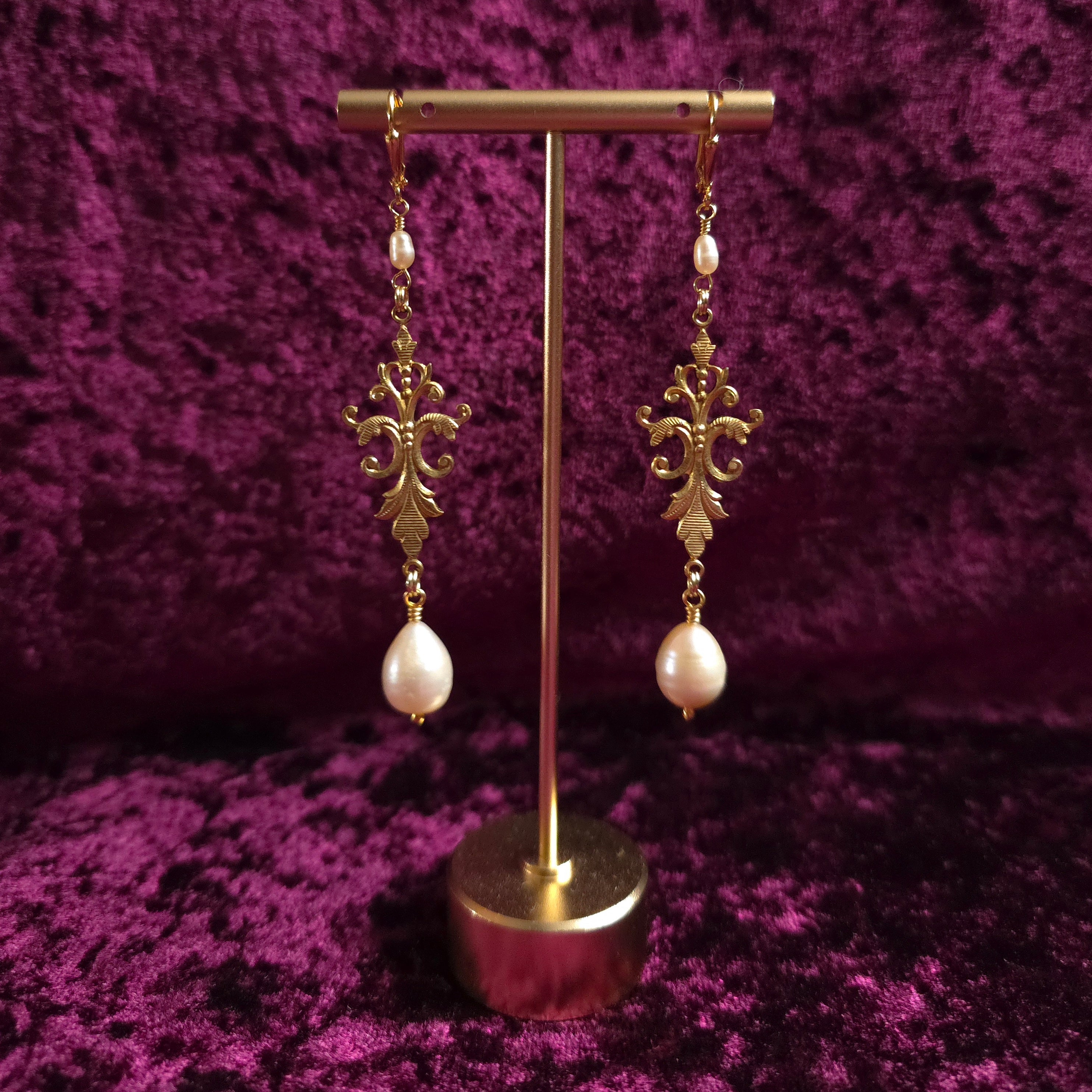 EVE | Gold & Peach Pearl Renaissance Inspired Earrings with Stainless Steel Lever Back