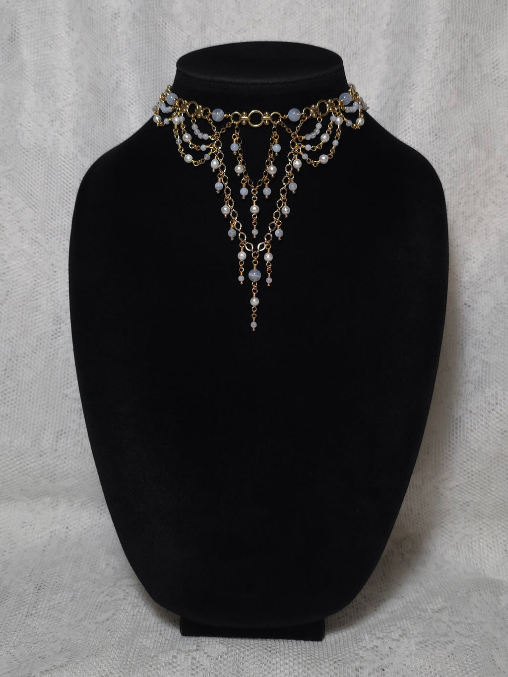 SUFFUSE | Gold, Blue Lace Agate & Pearl Renaissance Inspired Choker