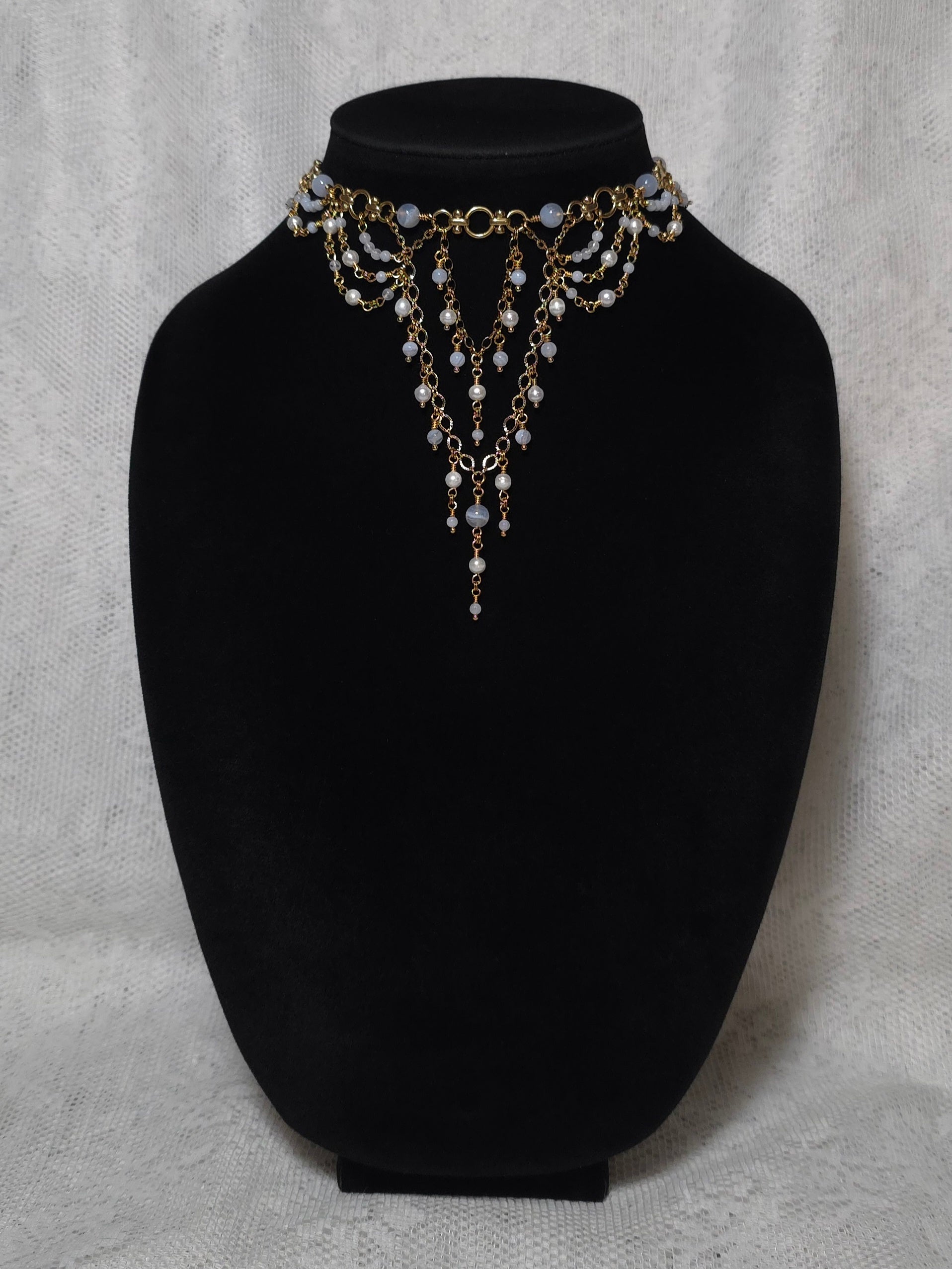 SUFFUSE | Gold, Blue Lace Agate & Pearl Renaissance Inspired Choker
