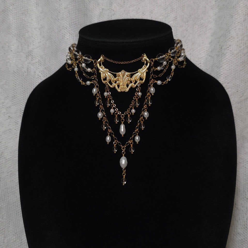 MOONLIT EFFULGENCE | Gold, Clear Quartz & Pearl Renaissance Inspired Choker