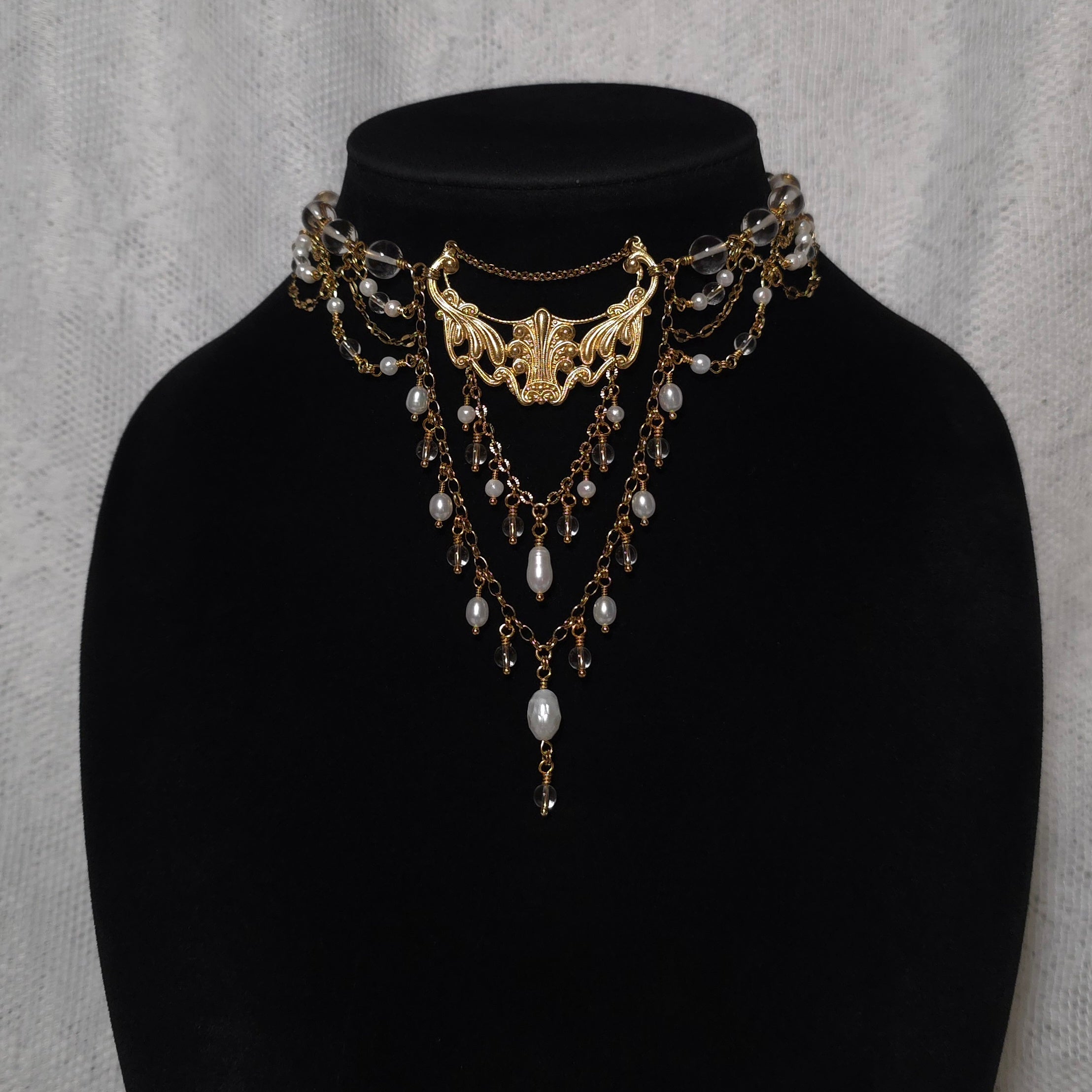 MOONLIT EFFULGENCE | Gold, Clear Quartz & Pearl Renaissance Inspired Choker
