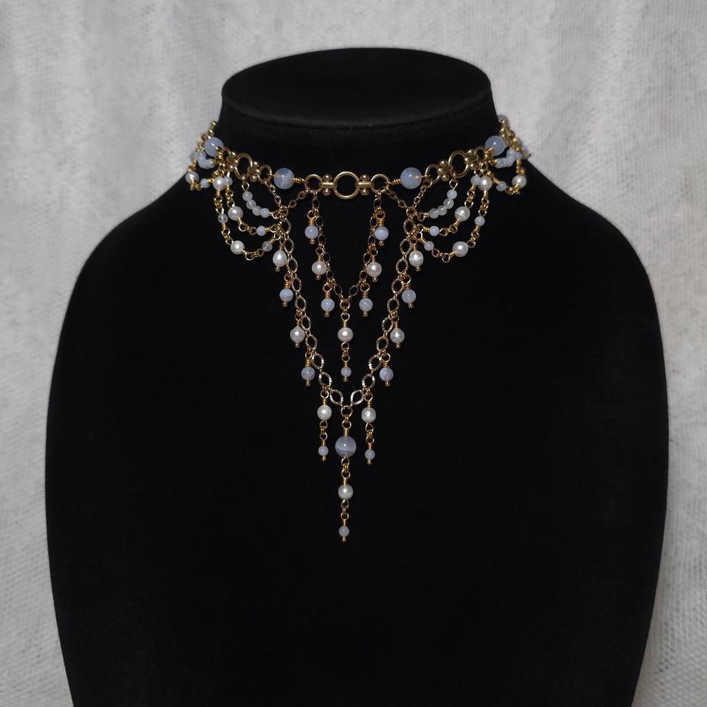 SUFFUSE | Gold, Blue Lace Agate & Pearl Renaissance Inspired Choker