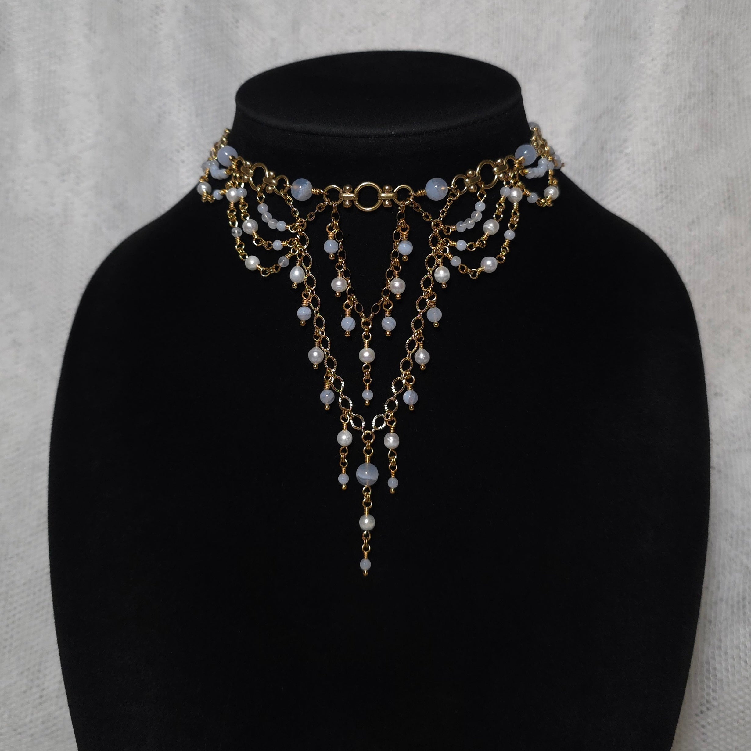 SUFFUSE | Gold, Blue Lace Agate & Pearl Renaissance Inspired Choker