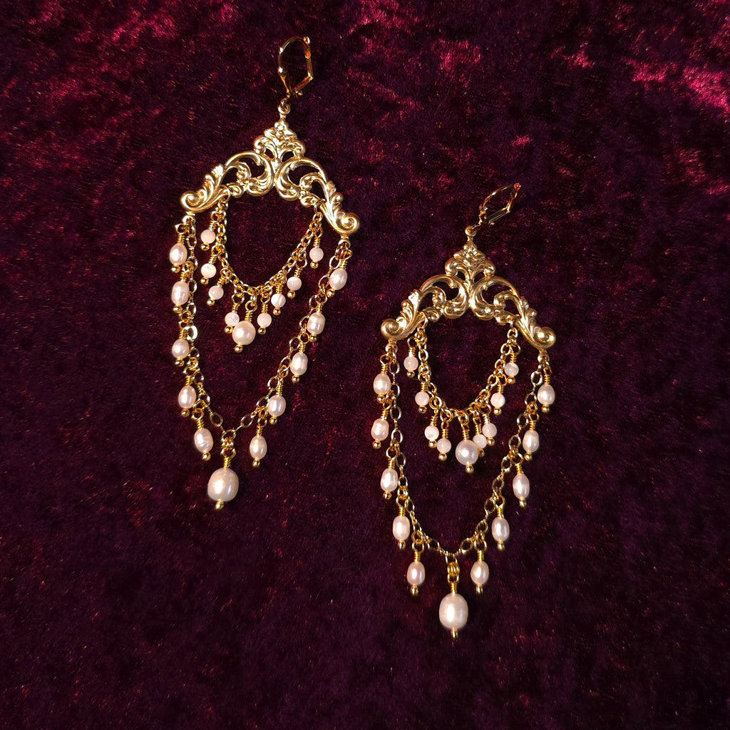 REMEMBRANCE | Gold & Pearl Renaissance Inspired Earrings with Stainless Steel Lever Back