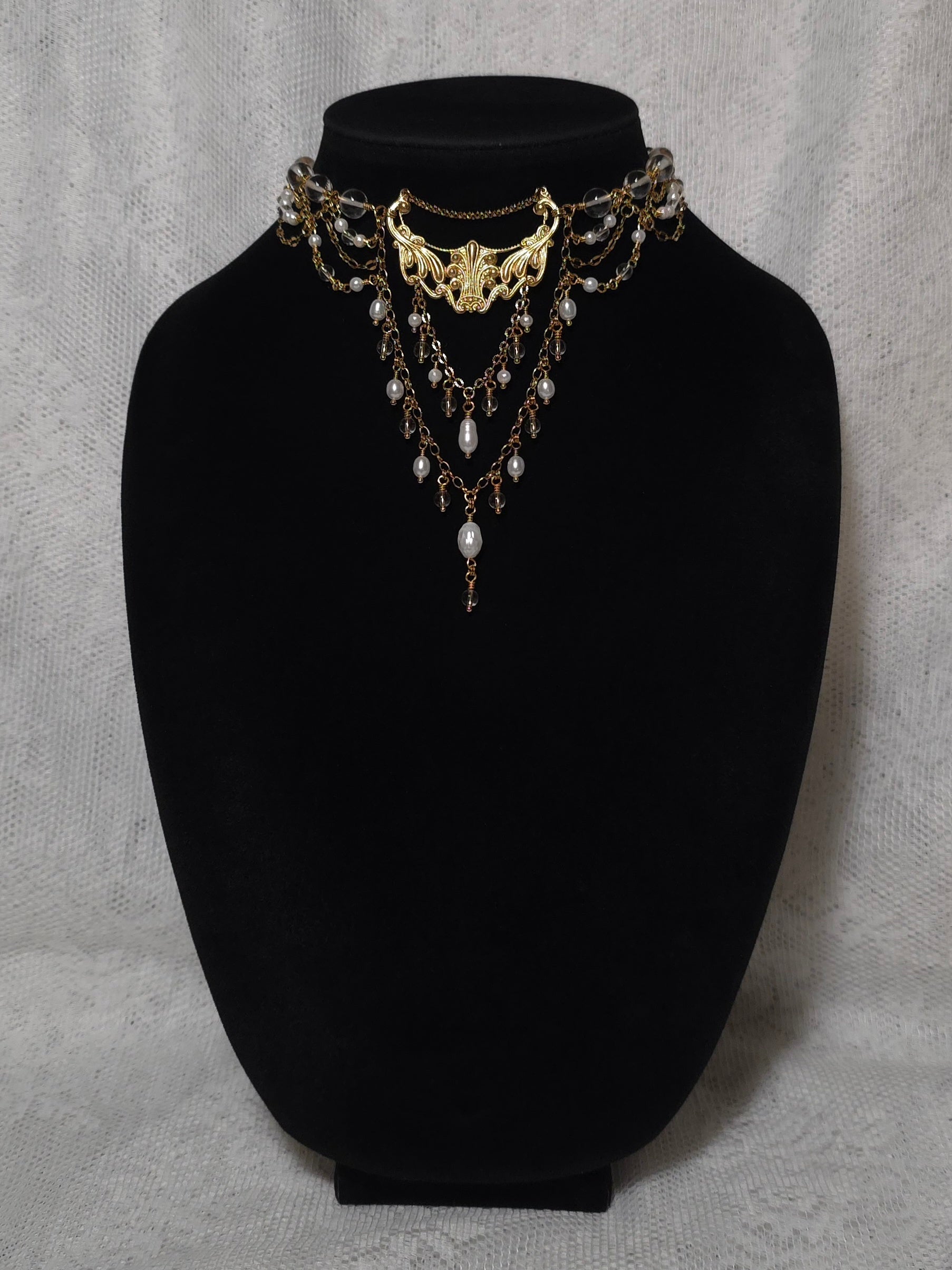 MOONLIT EFFULGENCE | Gold, Clear Quartz & Pearl Renaissance Inspired Choker